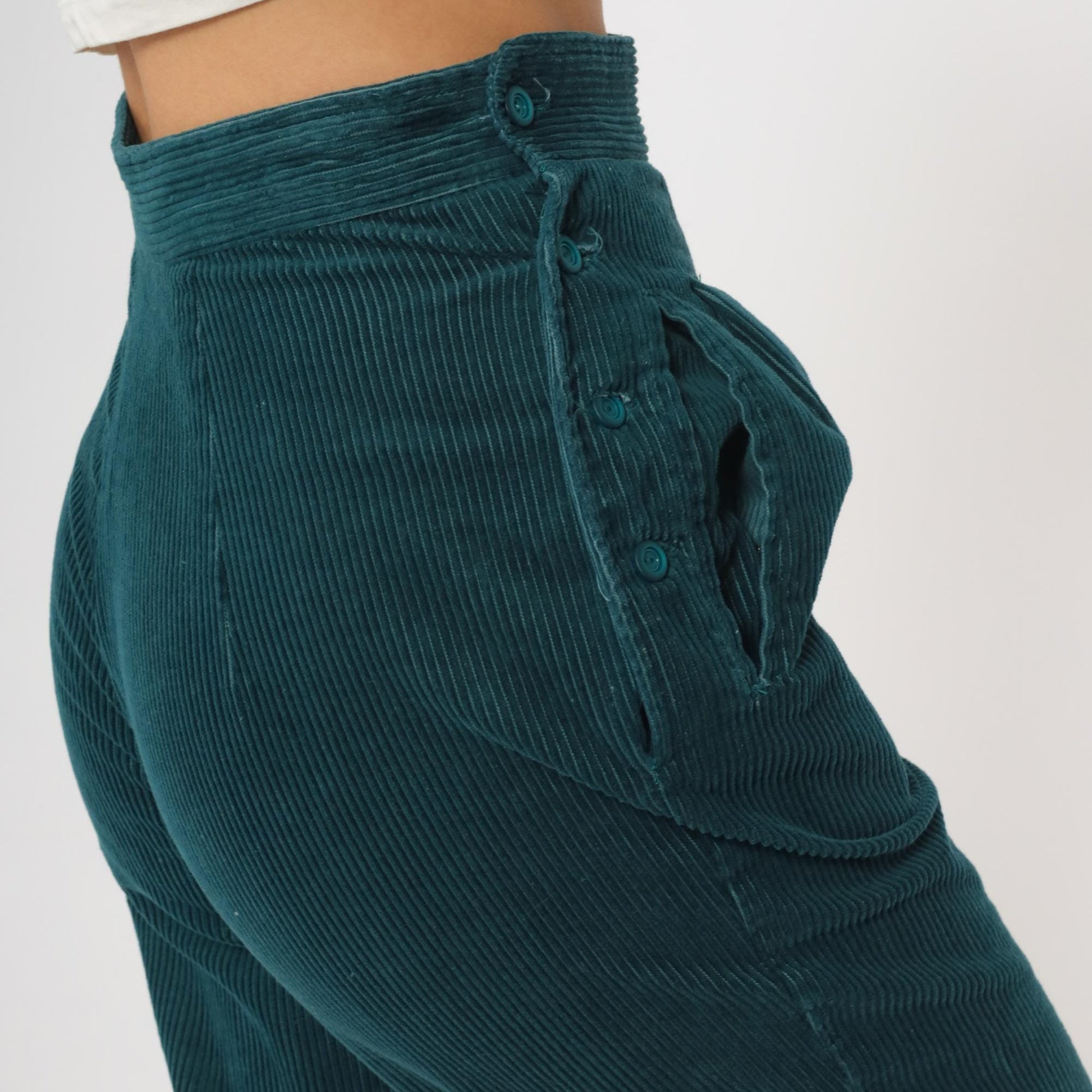 80s Emerald Green Corduroy High-Waisted Tapered Pants Button Fly XS