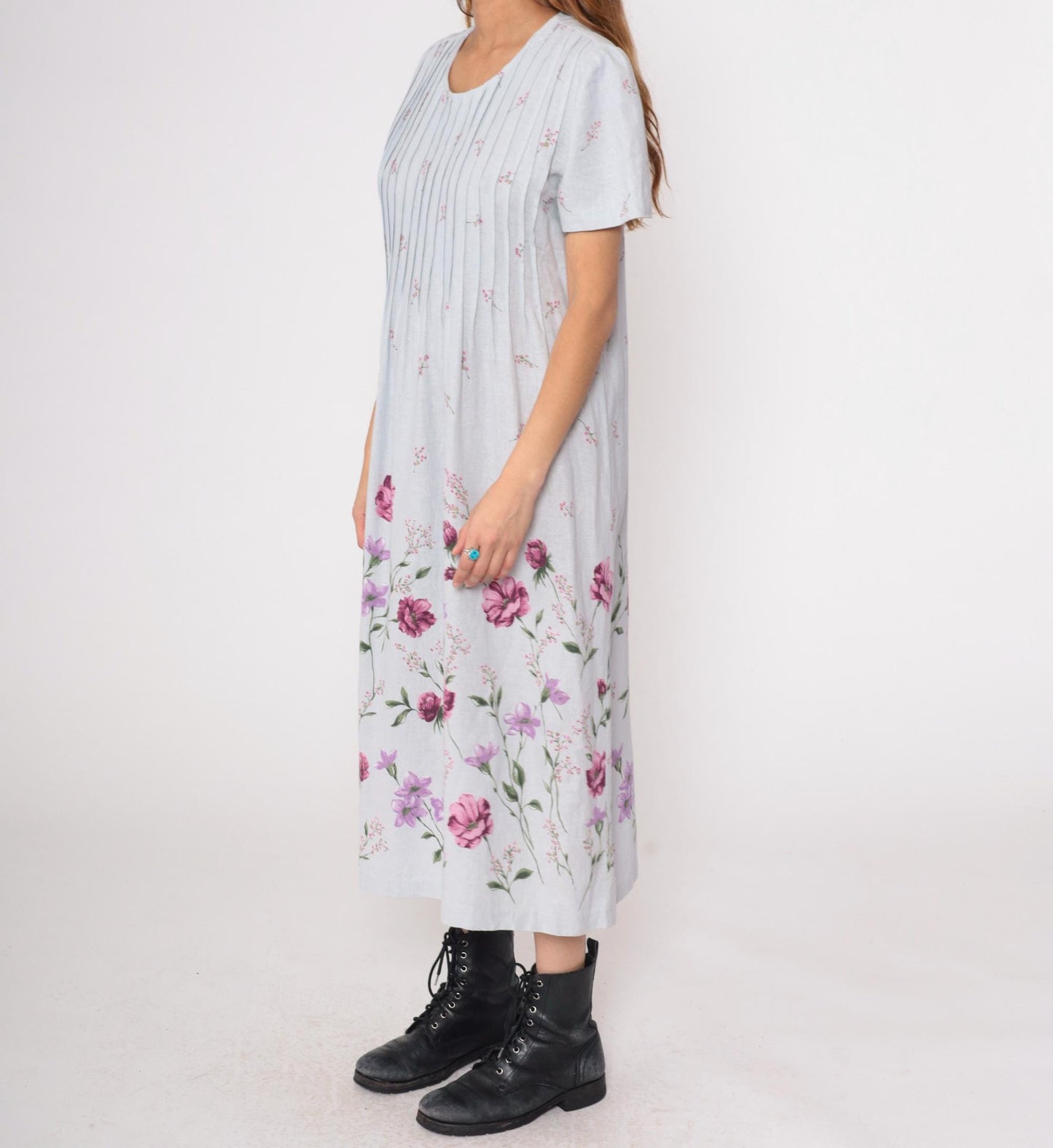 90s Miss Dorby Grey Floral Midi Dress Pink Purple Pleated Linen Large L