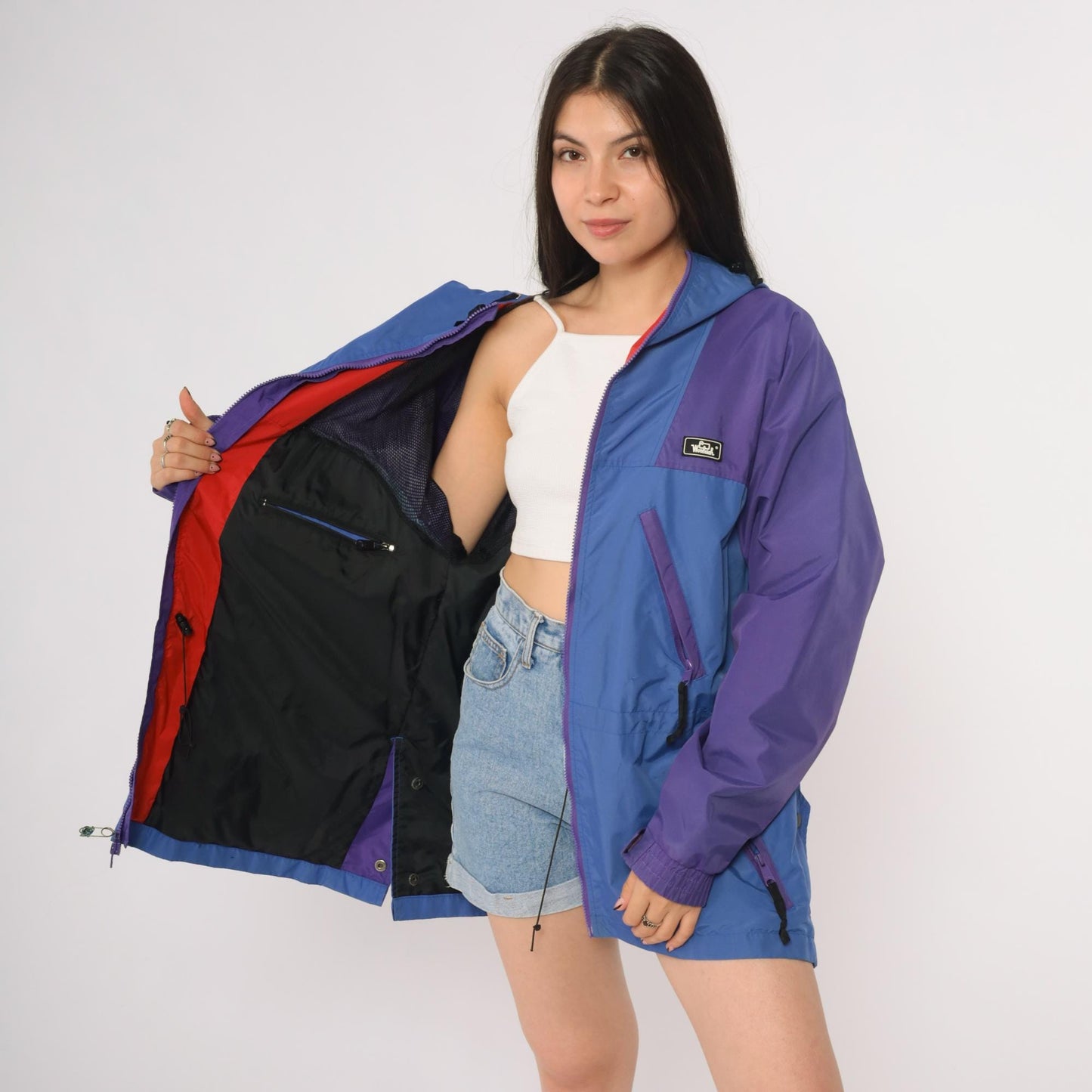 90s Woolrich Colorblock Windbreaker Purple Blue Hooded Jacket Extra Large XL