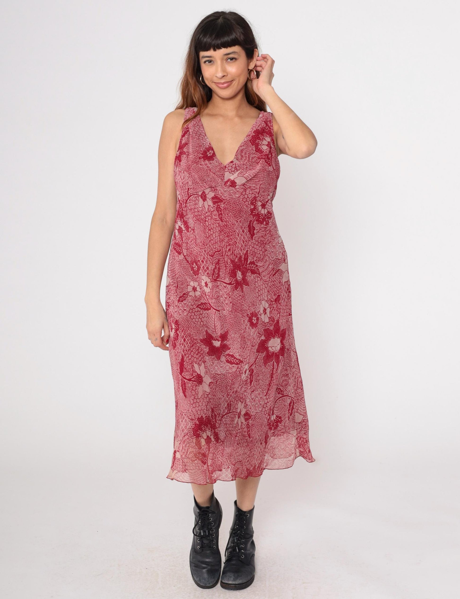 Y2K Red Paisley Midi Dress Sleeveless V Neck Floral Chiffon Medium