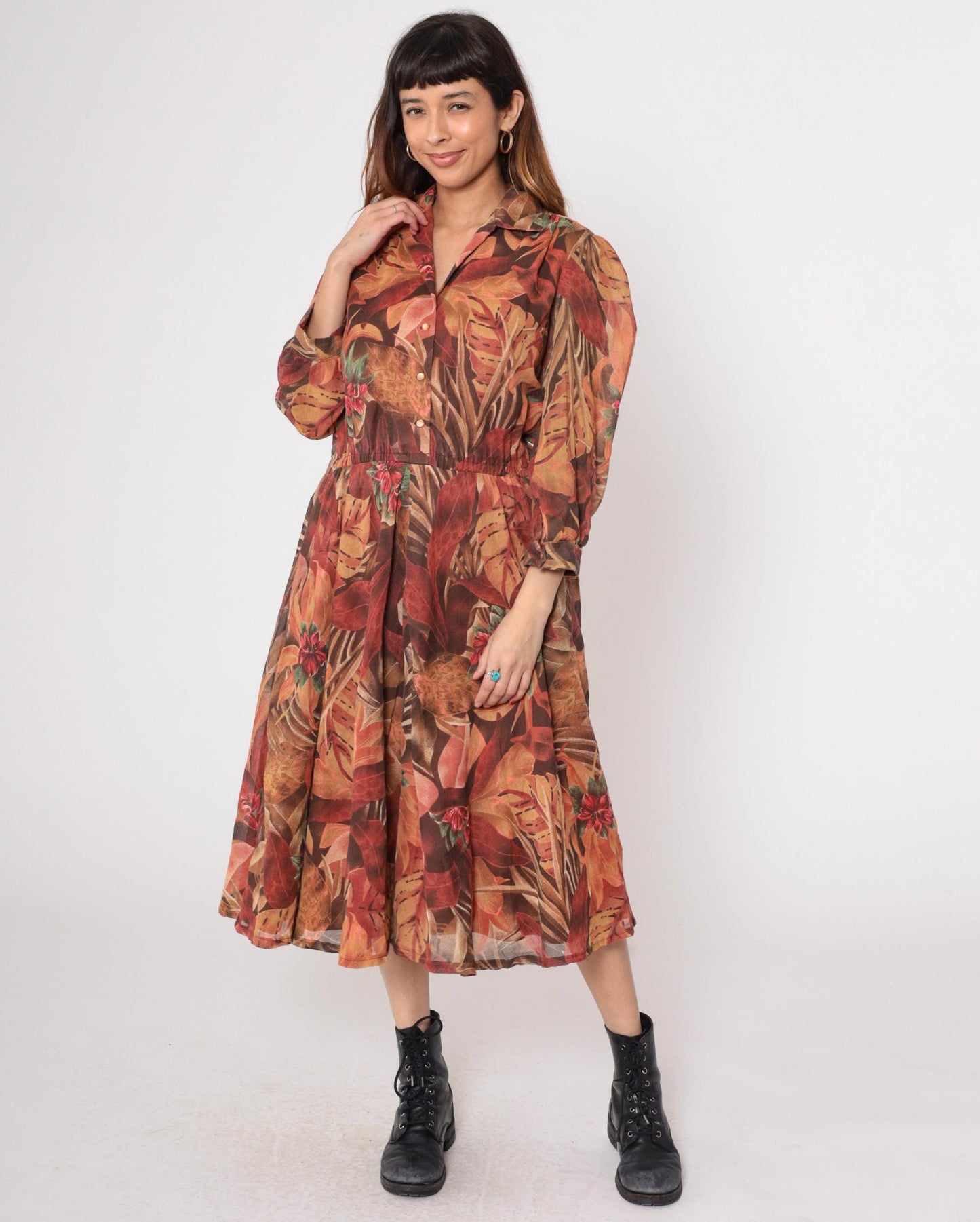 80s Brown Tropical Leaf Midi Dress Button Down Long Sleeve Medium
