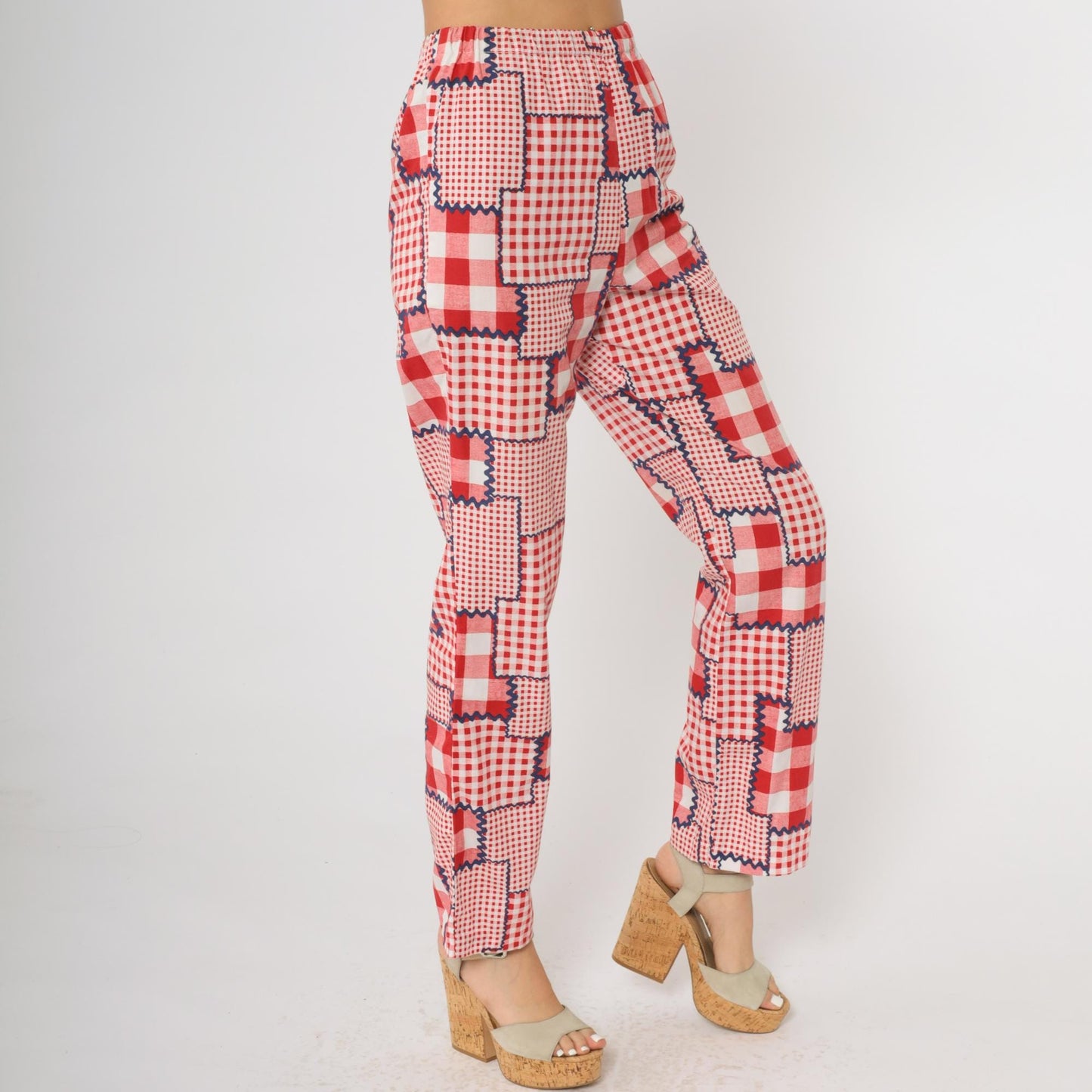 70s Patchwork Pants Red Gingham Check High Rise Wide Leg Cotton Extra Small XS