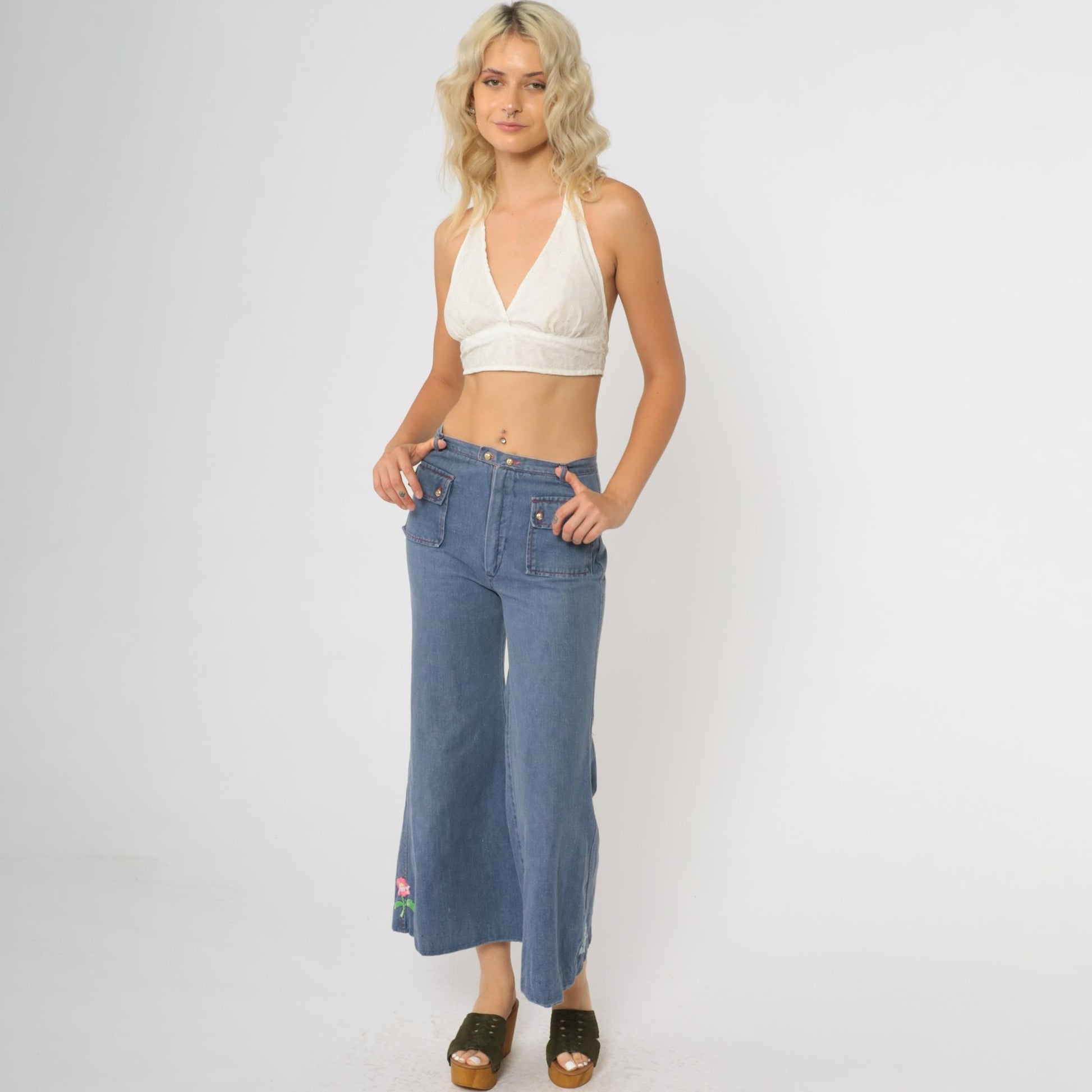 70s Carol Evans Bell Bottom Jeans High Waisted Flare Rose Embroidery Extra Small