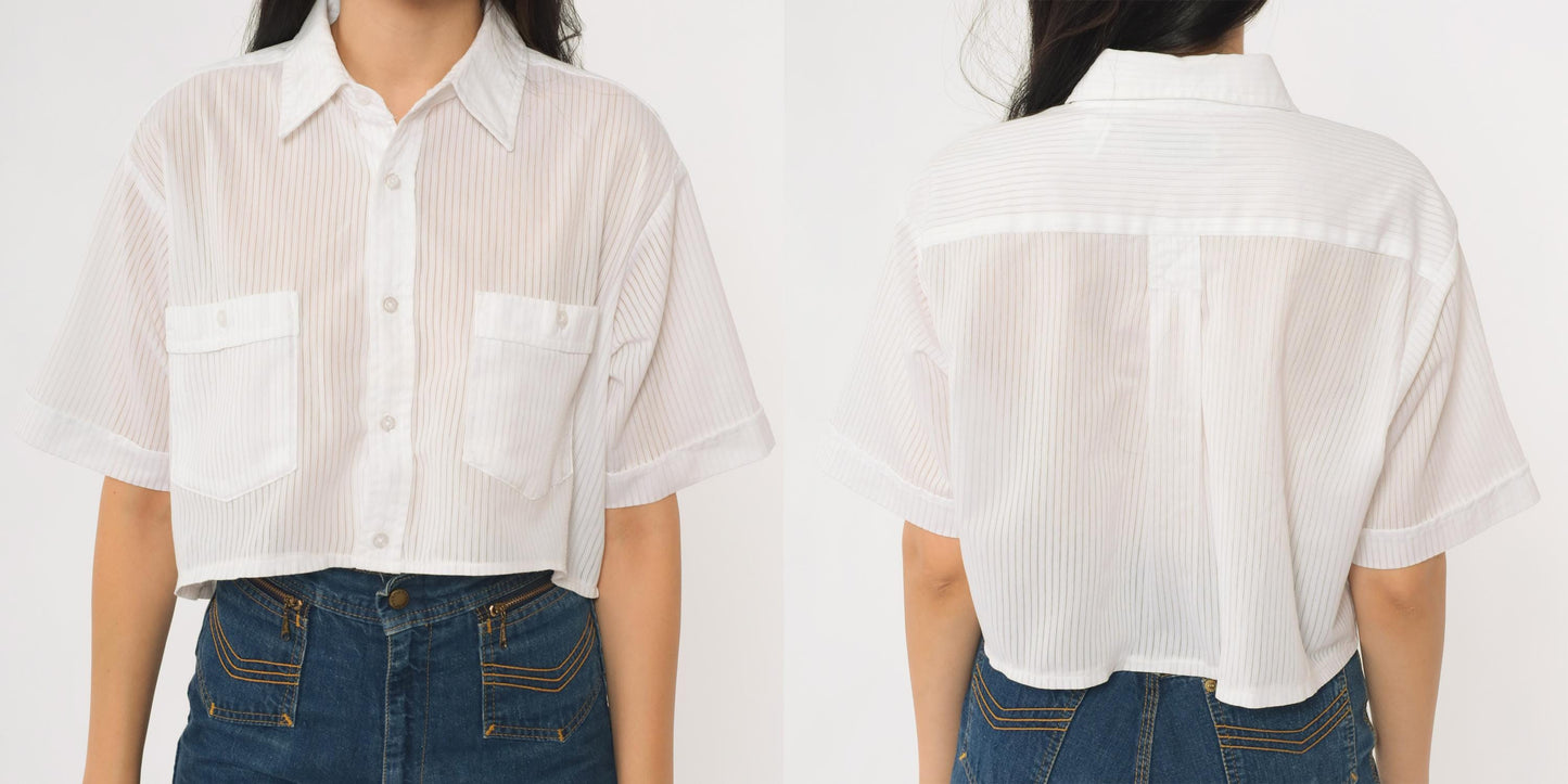 90s Haband Striped Button-Up Crop Top White Vertical Stripes Medium