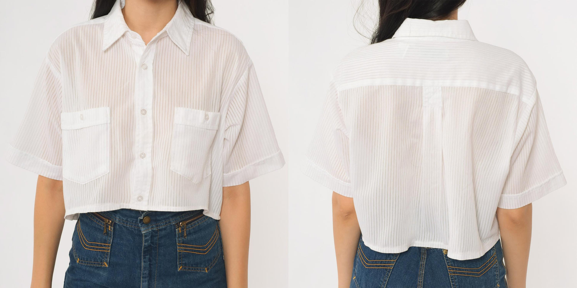 90s Haband Striped Button-Up Crop Top White Vertical Stripes Medium