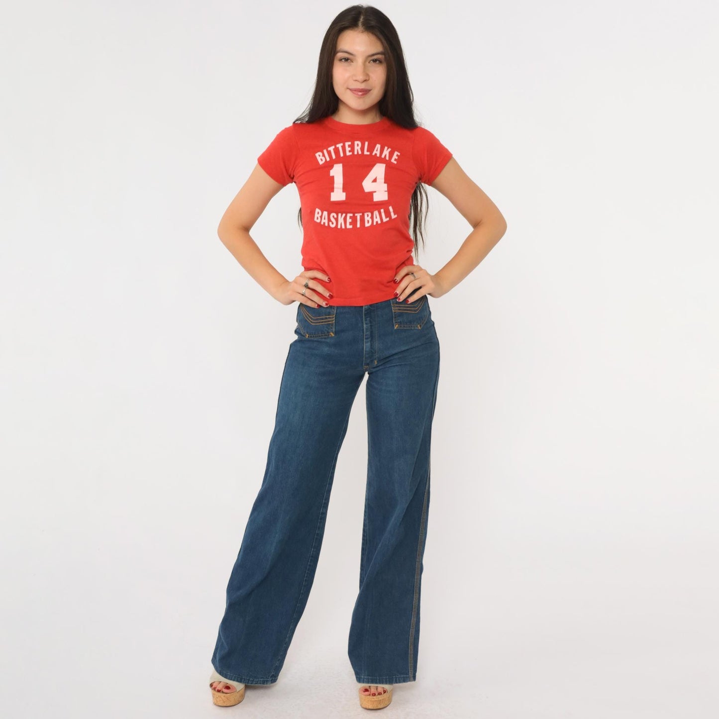 80s Bitterlake Basketball Graphic T-Shirt Red Single Stitch Number 14 XXS