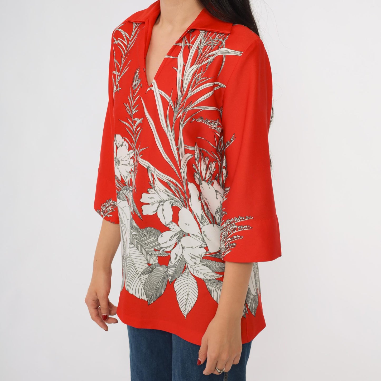 70s Teddi of California Floral Shirt Red Dagger Collar V-Neck Blouse Medium M