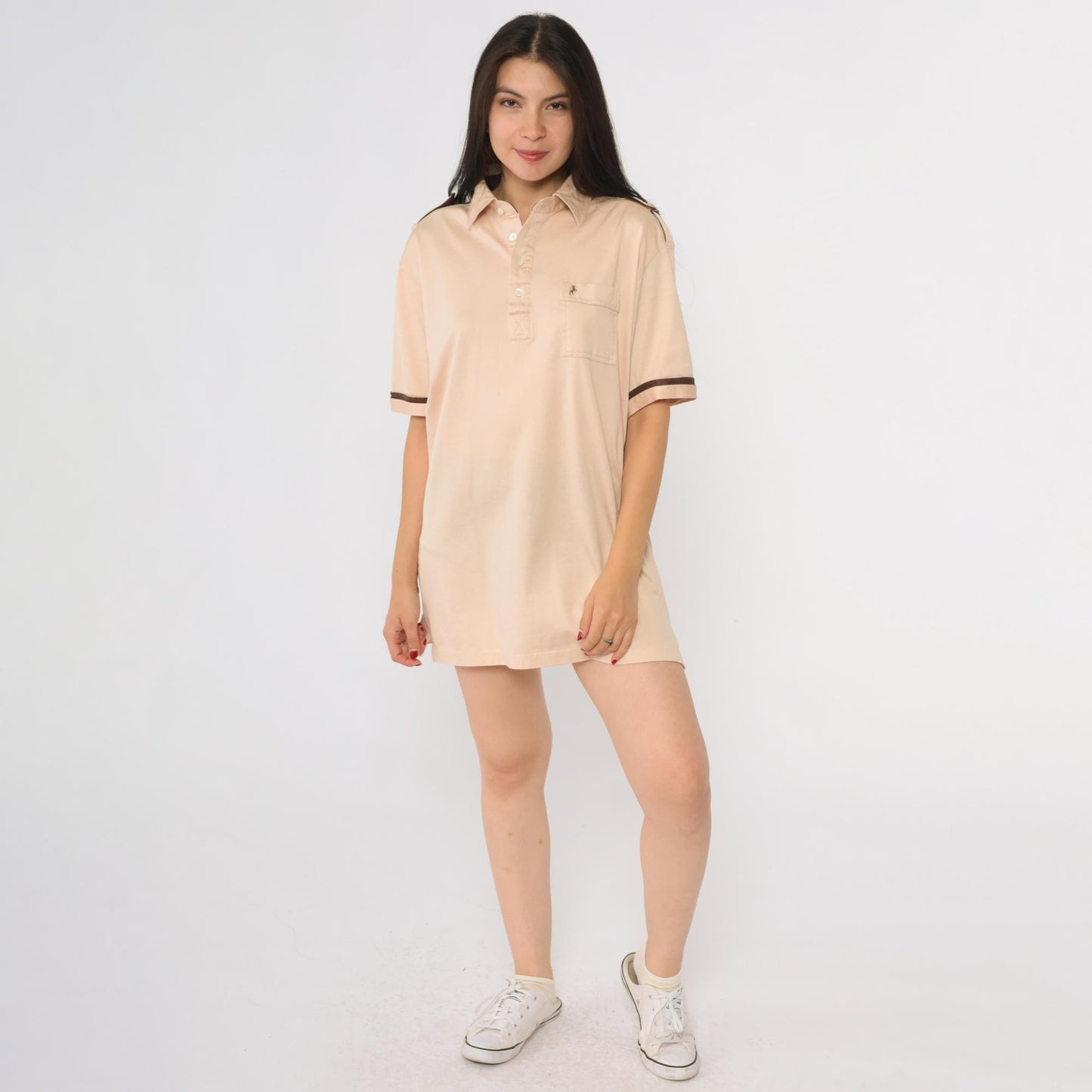 80s Bronzini Beige Polo Shirt Unicorn Emblem Epaulet Medium Tall