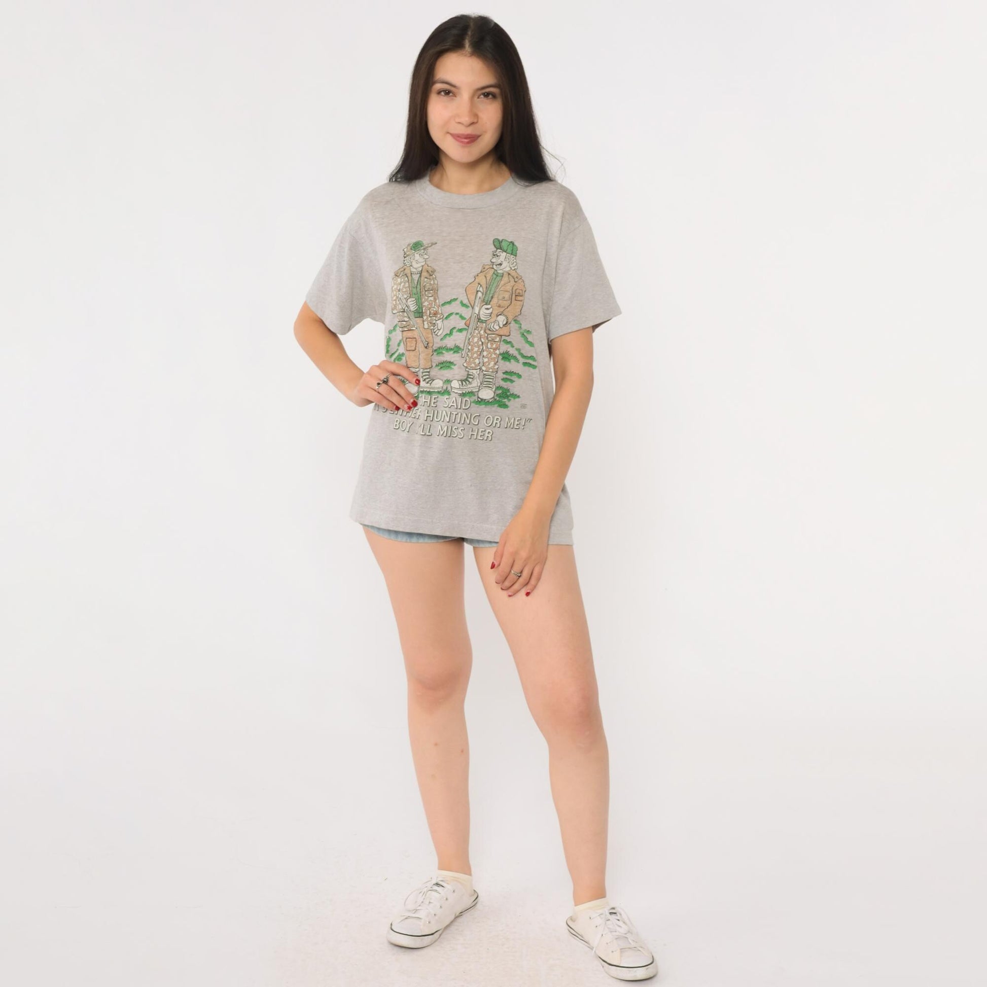 80s Hunting Joke Graphic T-Shirt Screen Stars Cartoon Tee Grey Medium