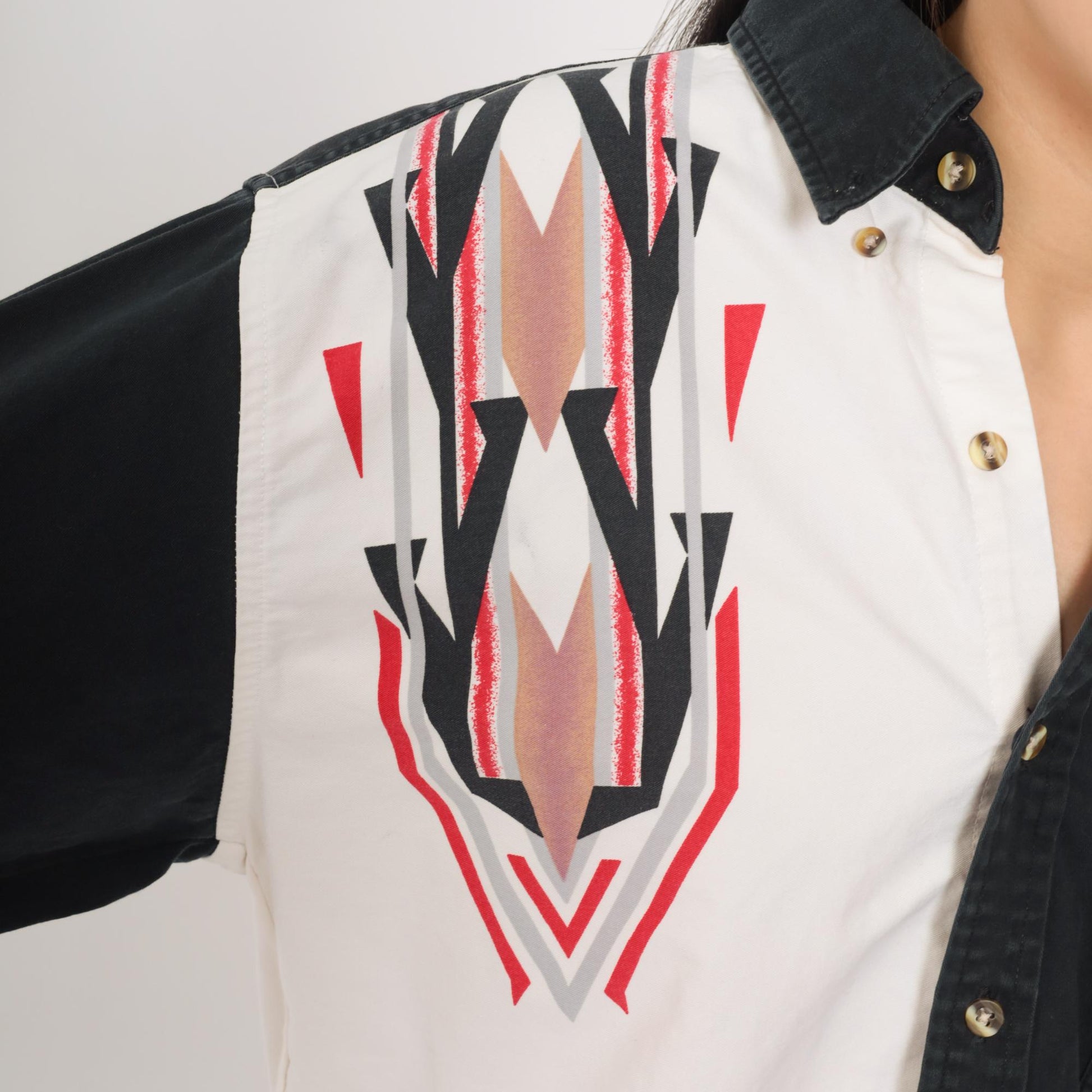 90s Southwestern Color Block Western Button Up Shirt Black White Extra Large