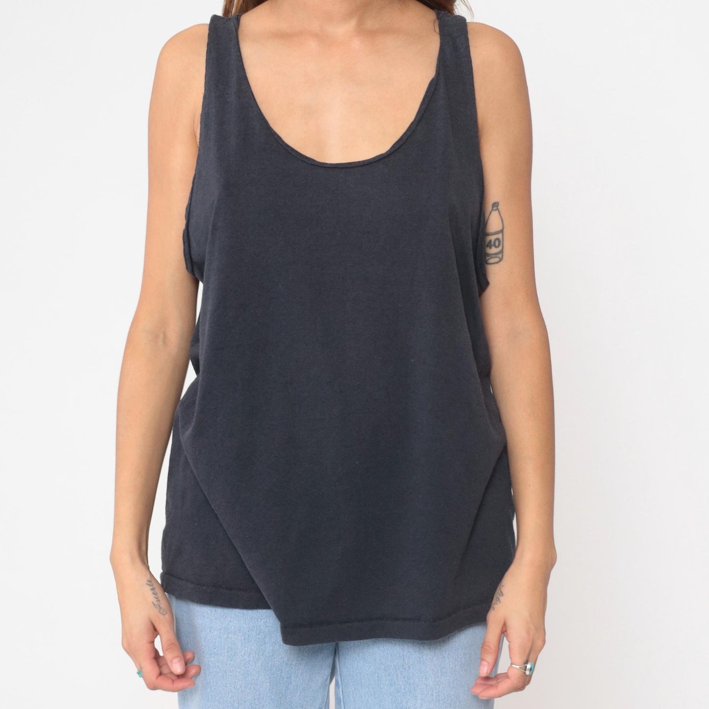 90s Black Fruit of the Loom Tank Top Low Armhole Scoop Neck Medium Large