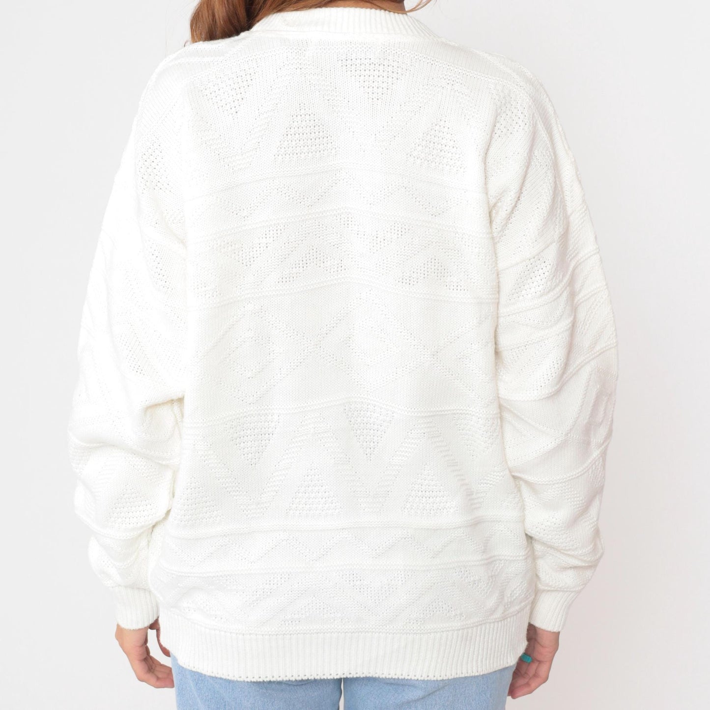 80s Club International Cable Knit Sweater White Crew Neck Medium M