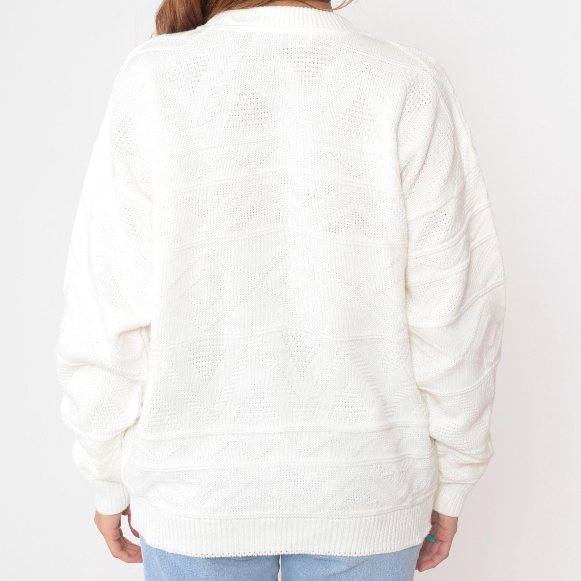 80s Club International Cable Knit Sweater White Crew Neck Medium M