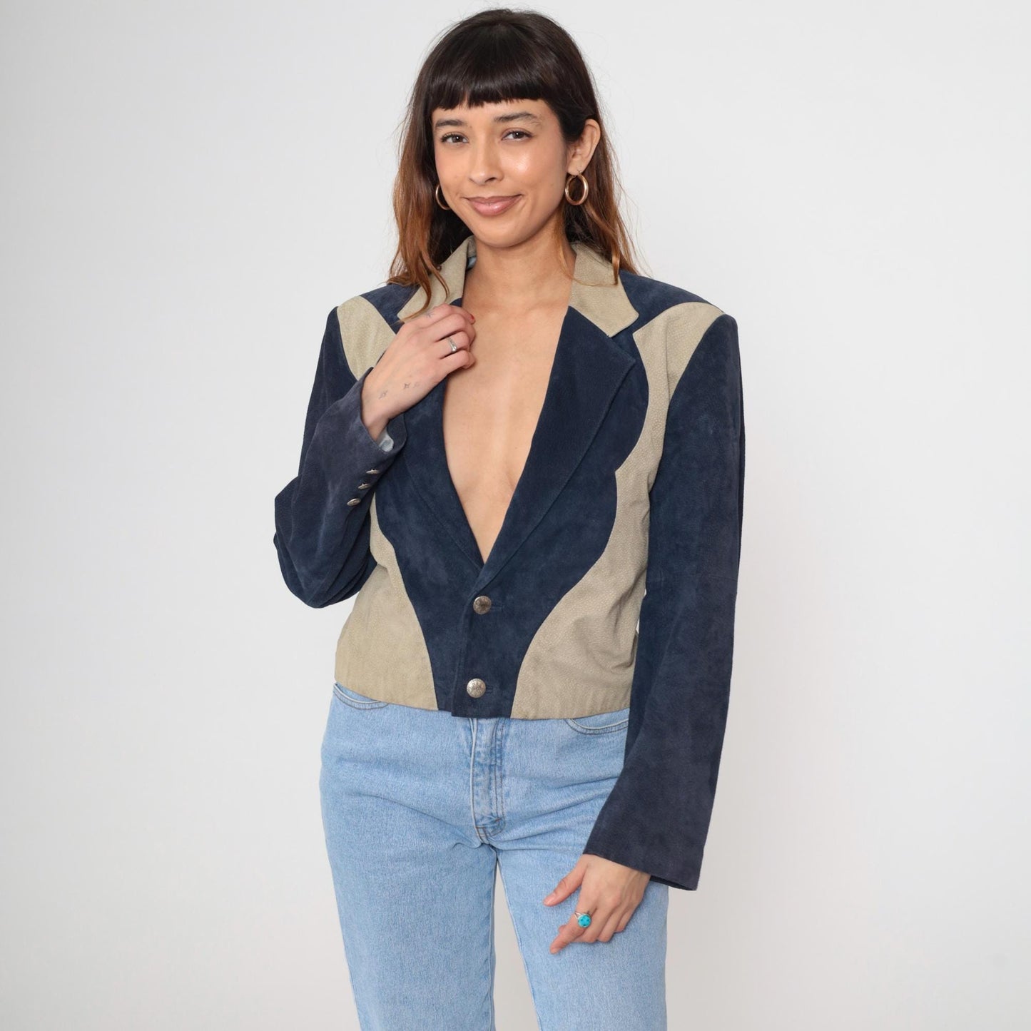 90s Scully Western Blazer Navy Beige Genuine Leather Jacket Medium M