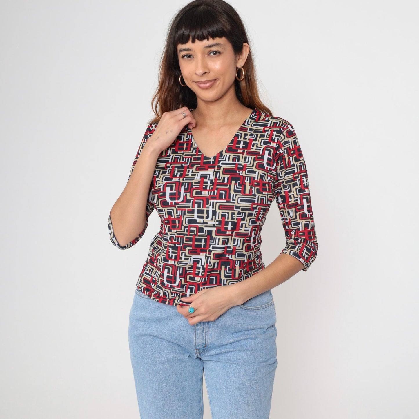 Y2K Erena Petite Geometric Abstract V-Neck Blouse Red Black White Small S