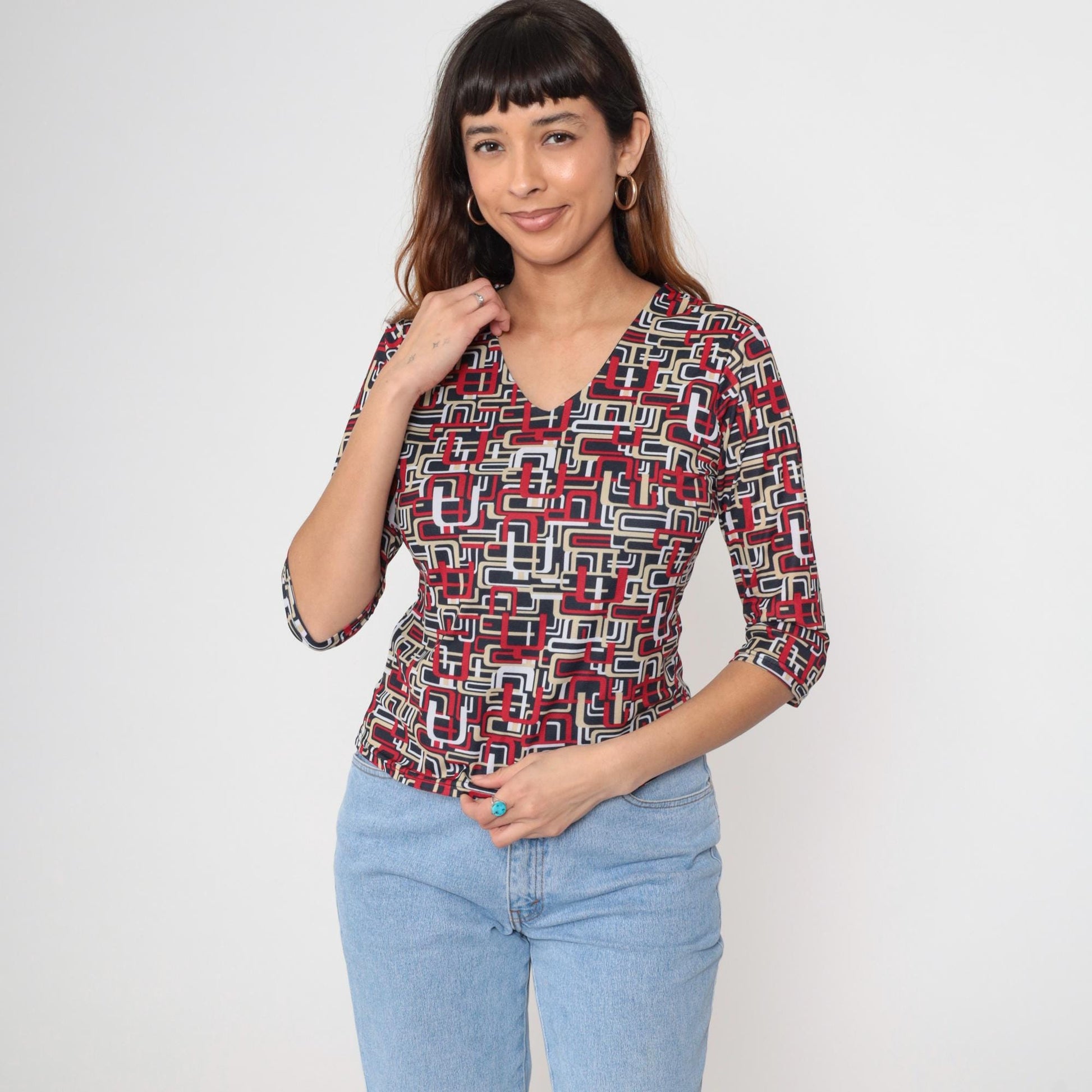 Y2K Erena Petite Geometric Abstract V-Neck Blouse Red Black White Small S