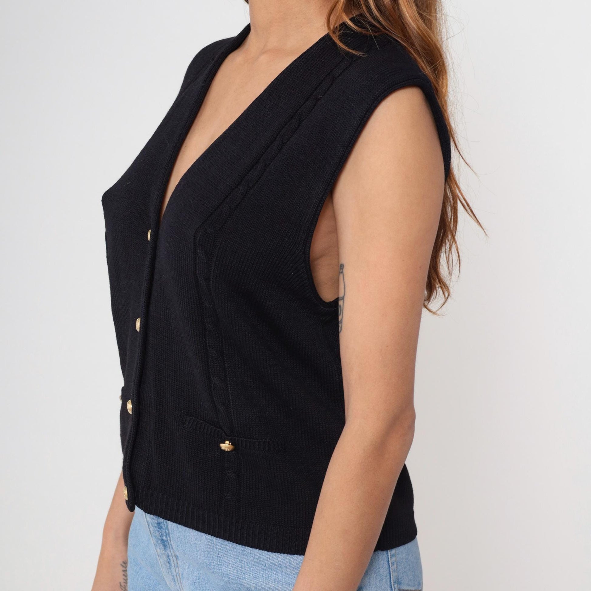 90s Black Knit Vest Deep V Neck Button Front Sleeveless Cardigan Medium