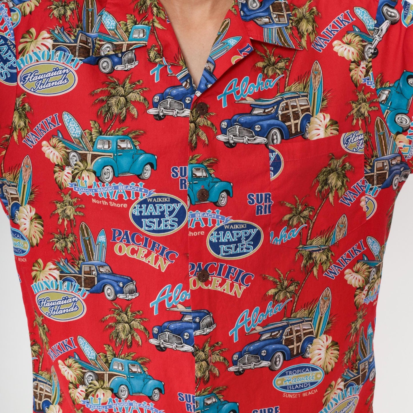 90s Howie Red Hawaiian Shirt Woodie Car Surf Print Aloha Mens Large L