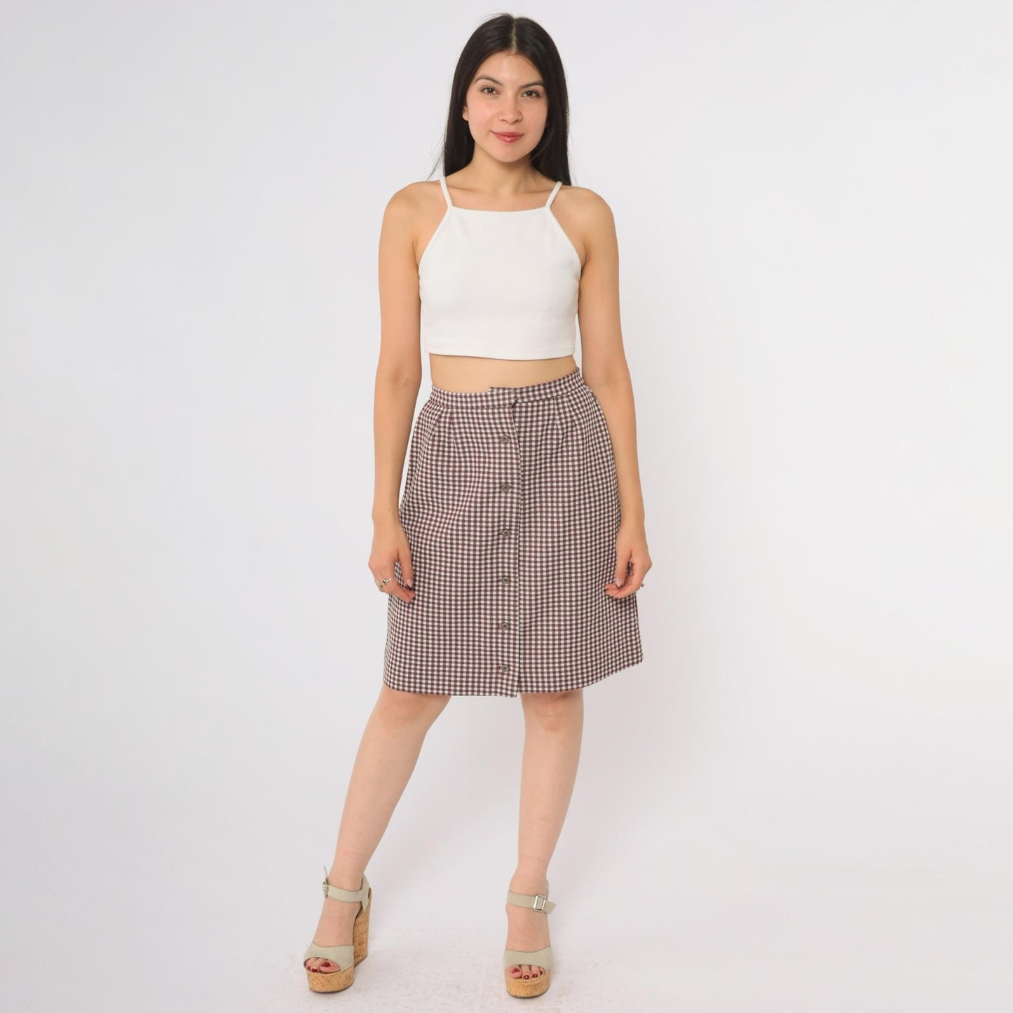 70s Burgundy Gingham Mini Skirt Button-Front High-Waist A-Line Small S