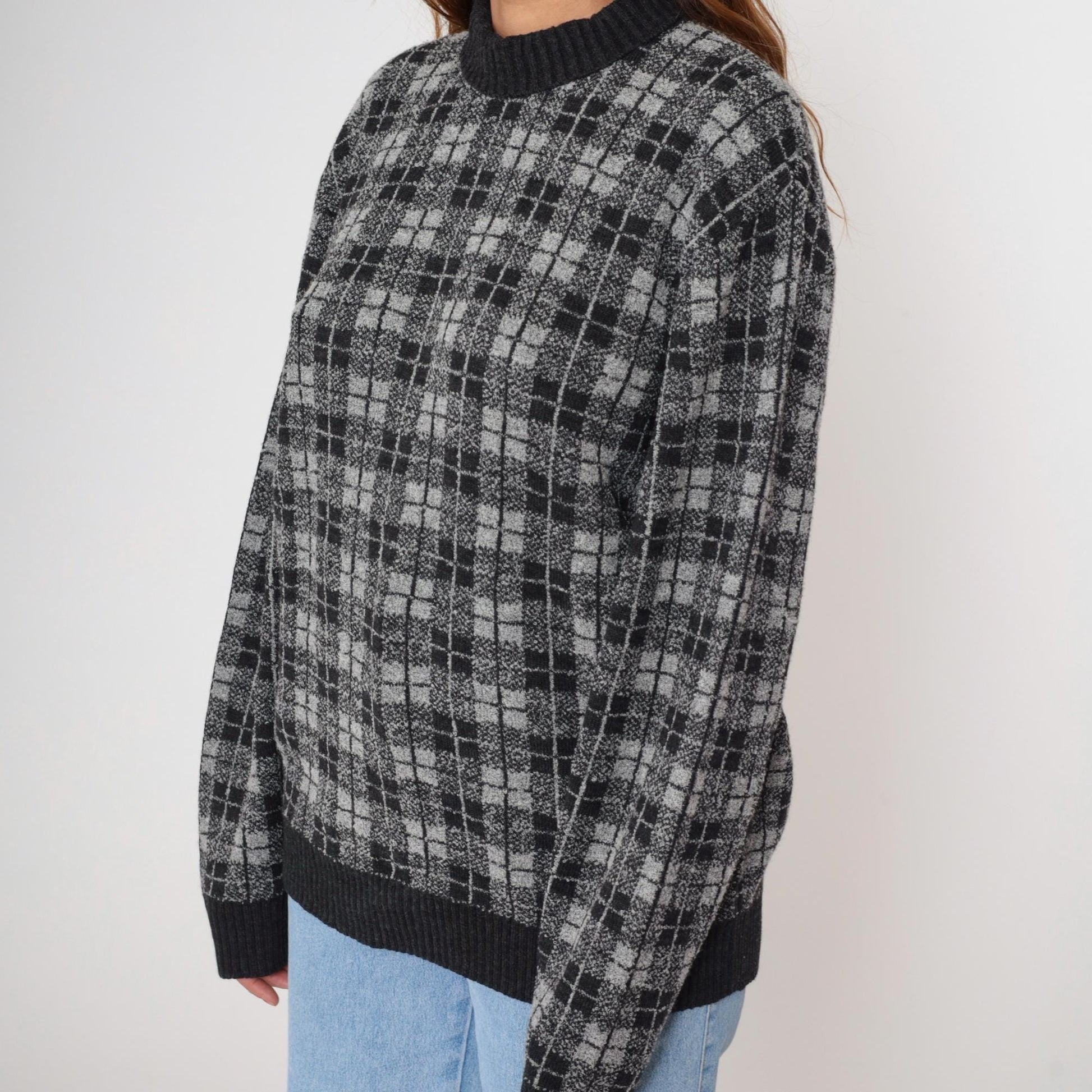 90s Belvedere Checkered Wool Sweater Black White Grey Crewneck Medium
