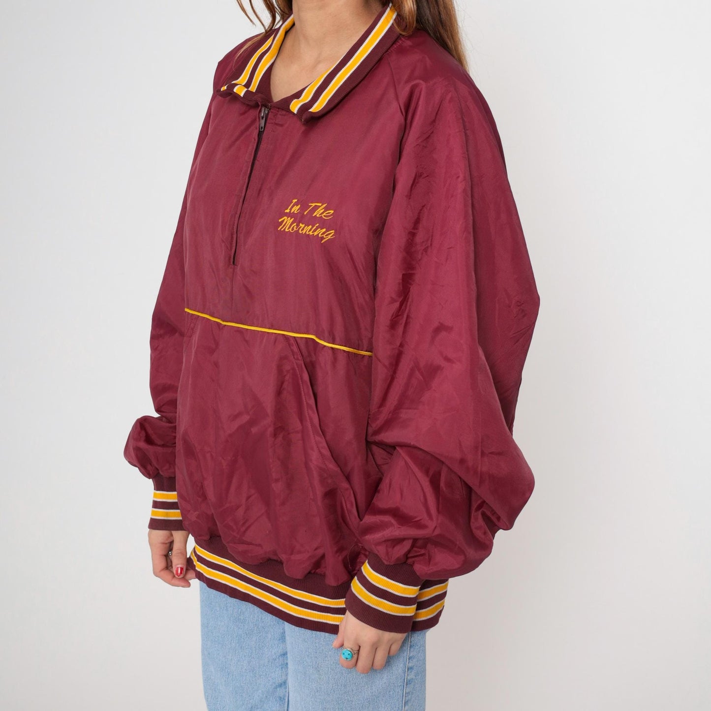 90s HITZ Radio Station Windbreaker Burgundy Yellow Stripe Quarter Zip XXL