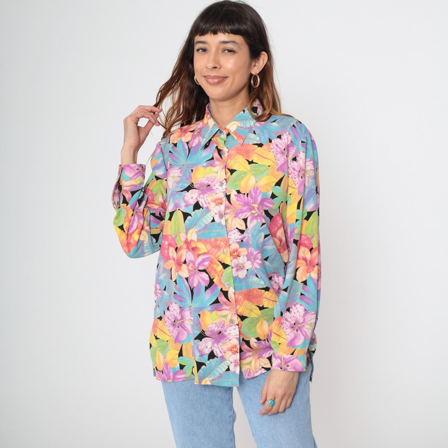90s Tropical Floral Button Up Blouse Purple Hibiscus Black Rayon Long Sleeve Large