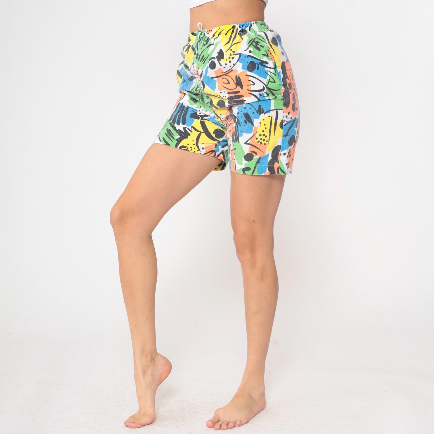 90s Abstract Print High Waisted Wide Leg Shorts Colorful Small S