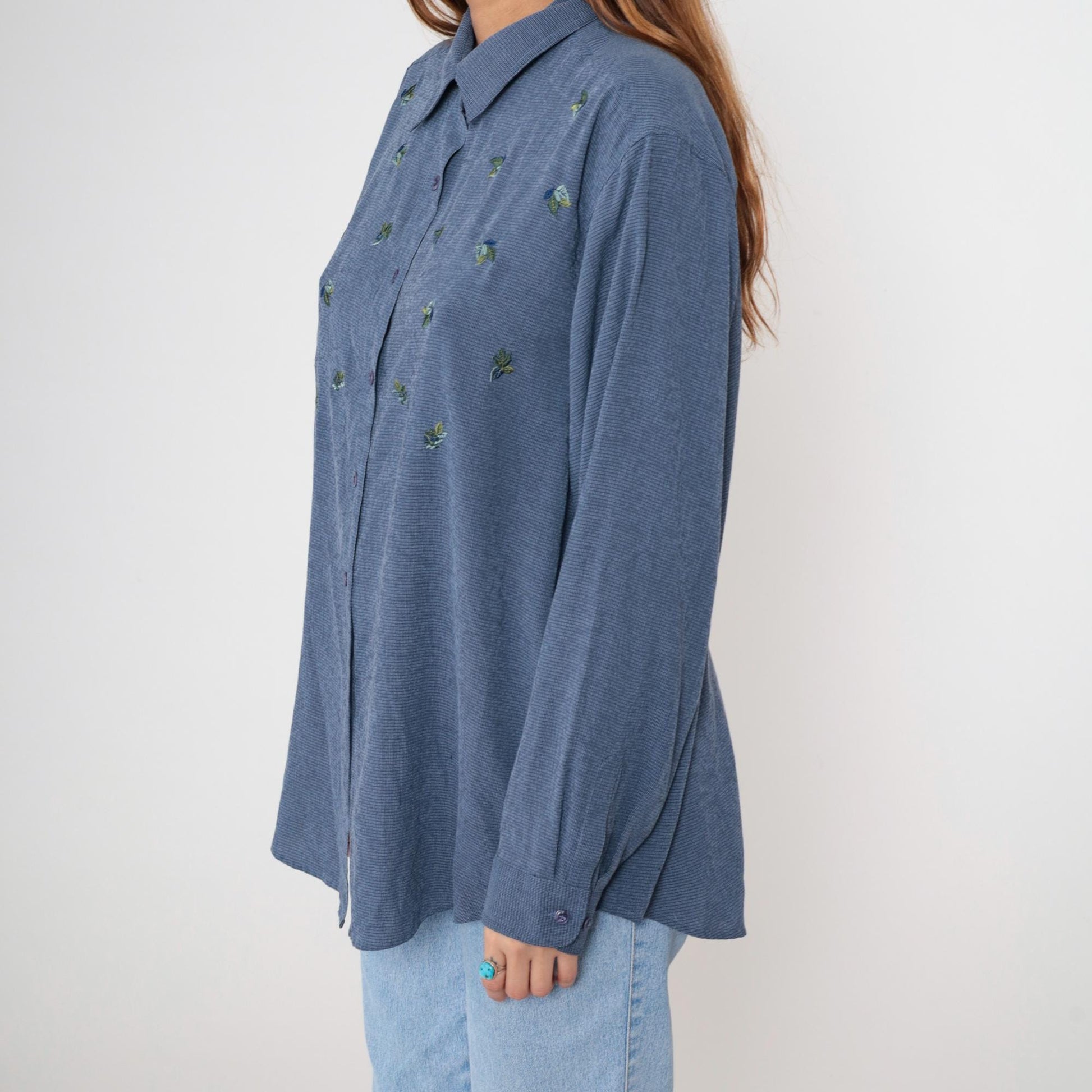 Y2K Blue Floral Button-Down Shirt Long Sleeve Pointed Collar Extra Large