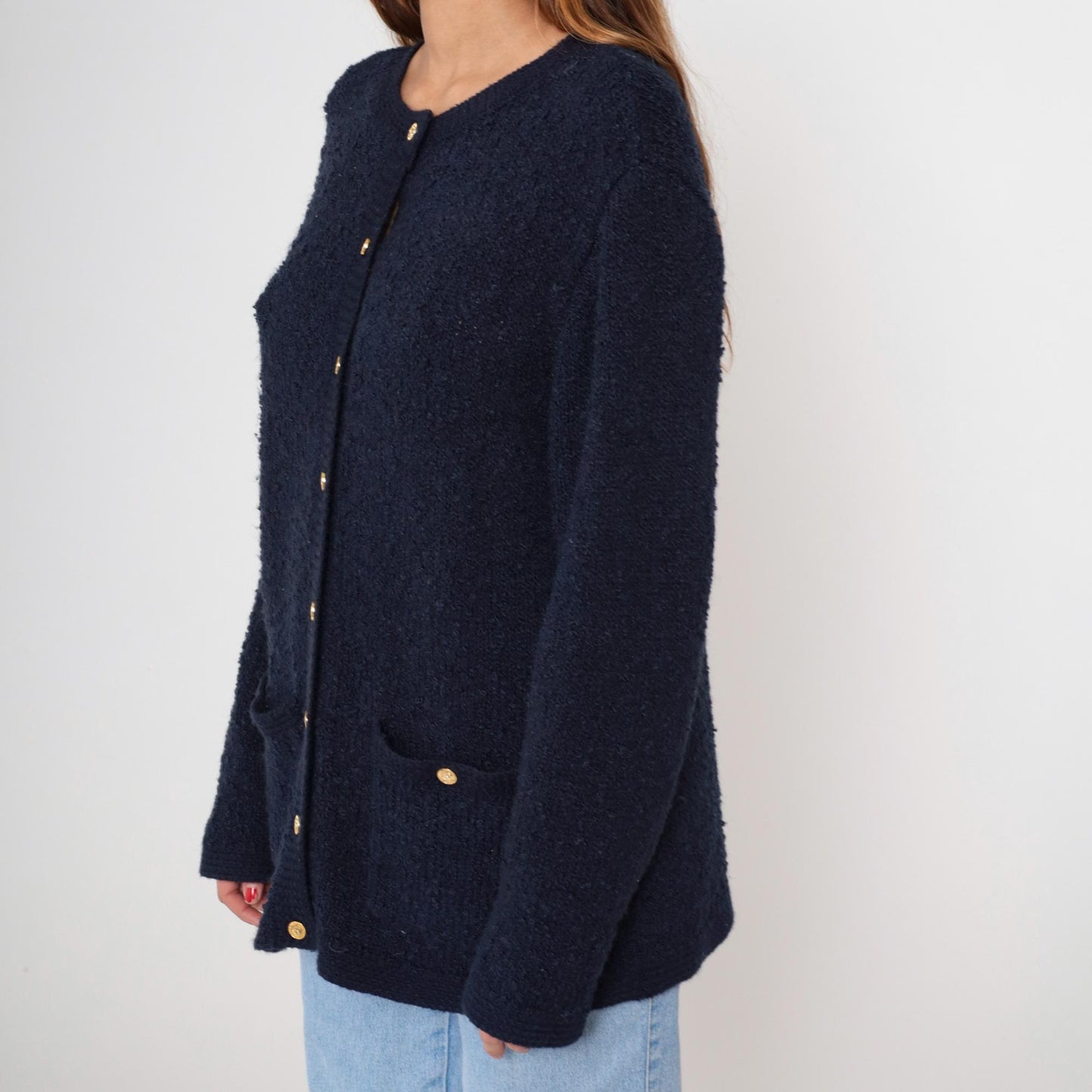 80s Blair Boutique Navy Cardigan Chunky Knit Gold Buttons Large L