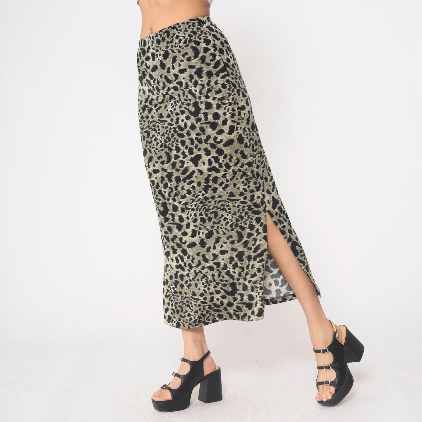 90s Impressions Leopard Print Maxi Skirt High Waist Black Olive Small S
