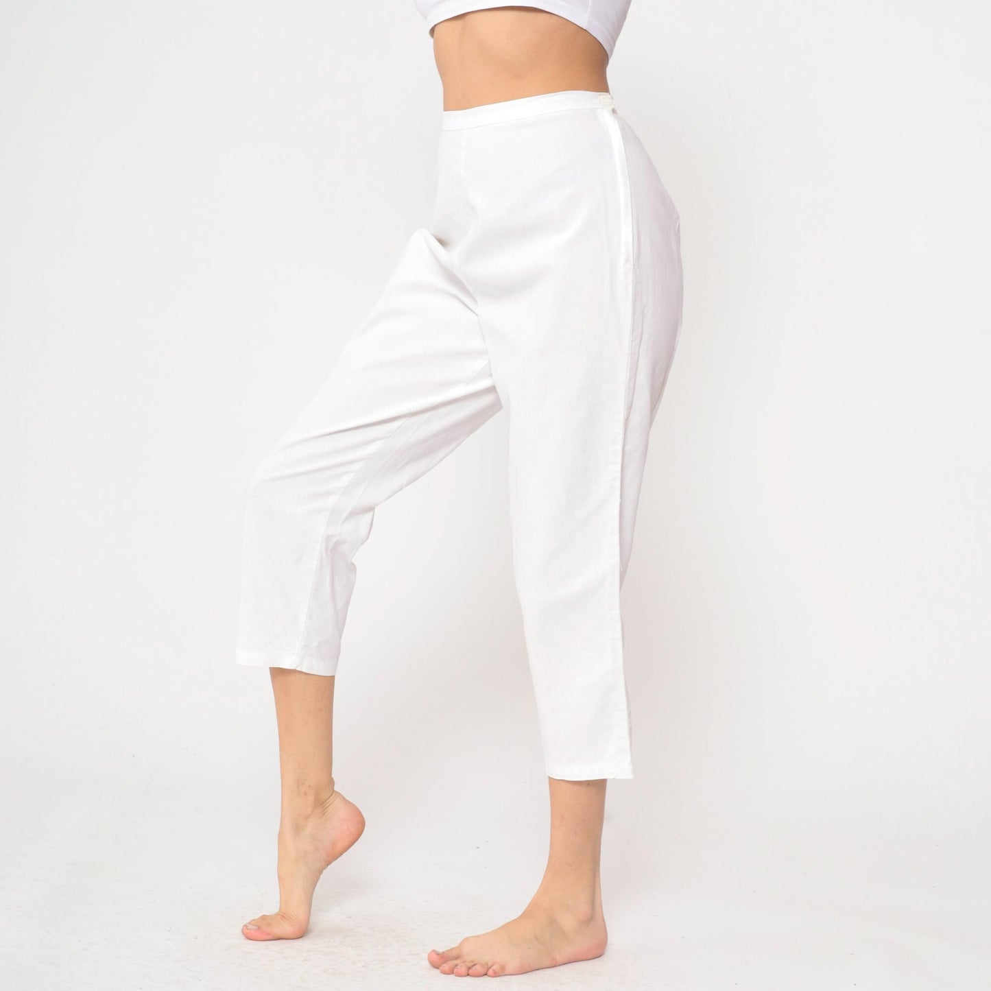 60s White High-Waisted Cropped Pants Cotton Straight Leg Small