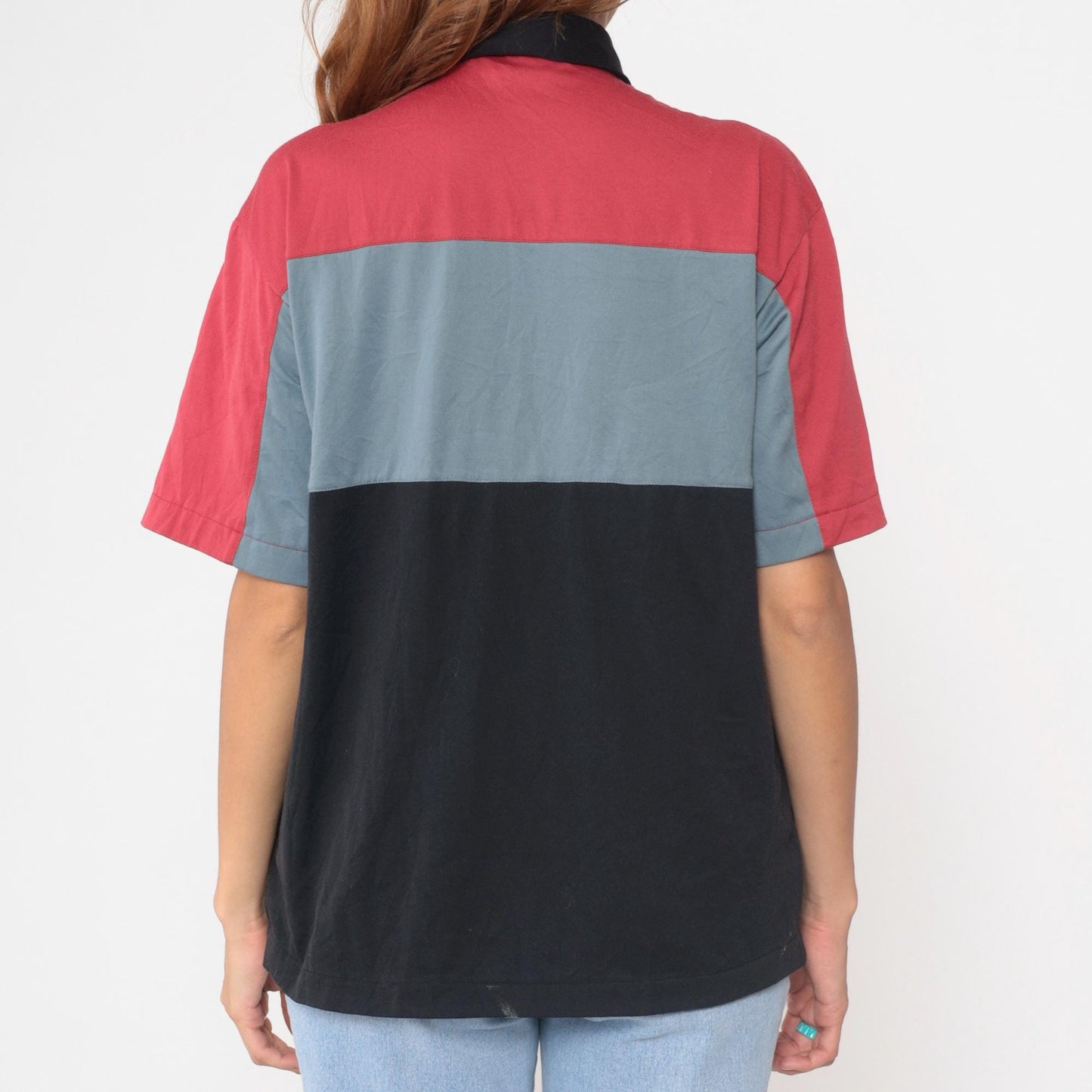 90s Color Block Polo Shirt Red Grey Black Horizontal Stripes Medium M