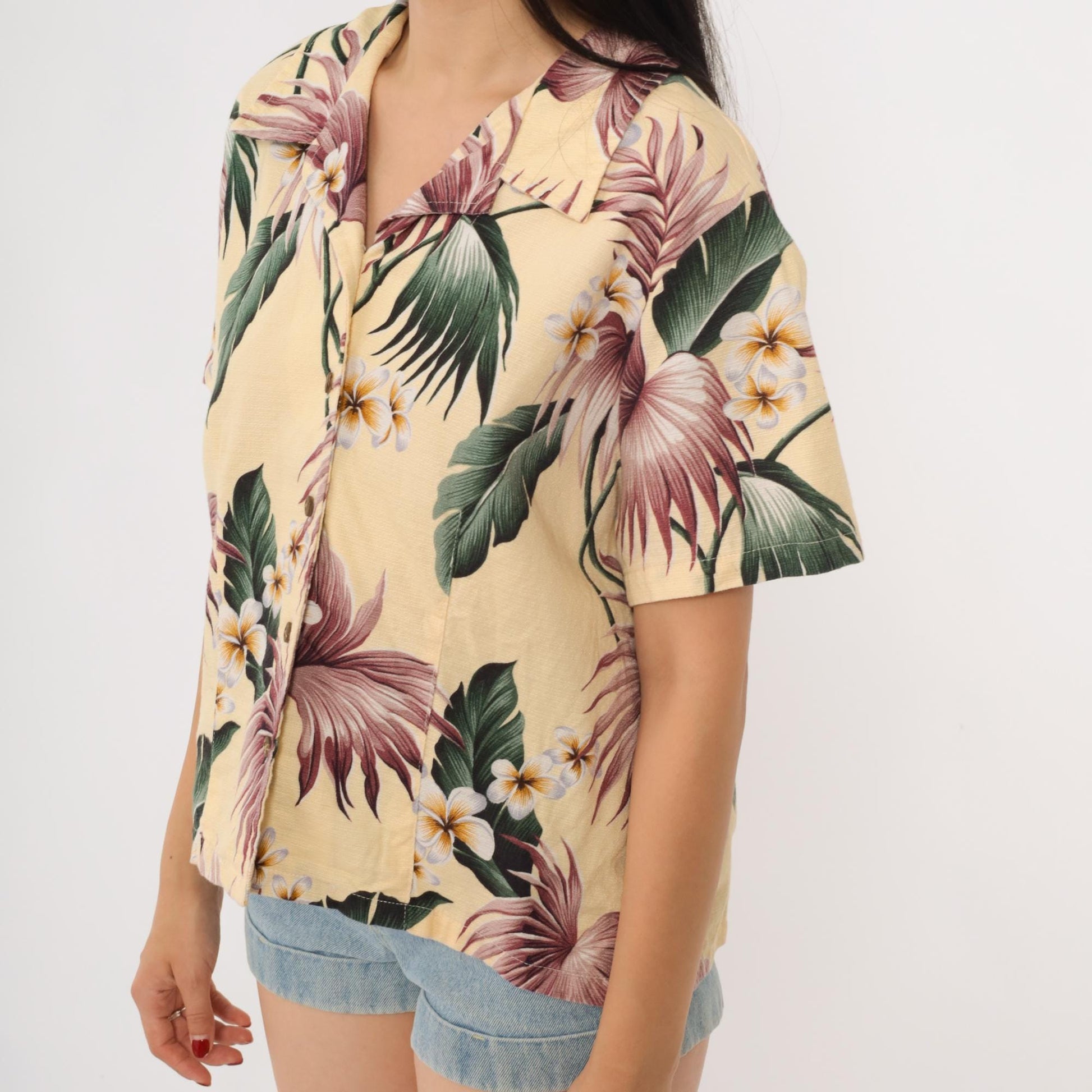 90s Kona Malia Hawaiian Aloha Shirt Yellow Plumeria Floral Cotton Extra Small