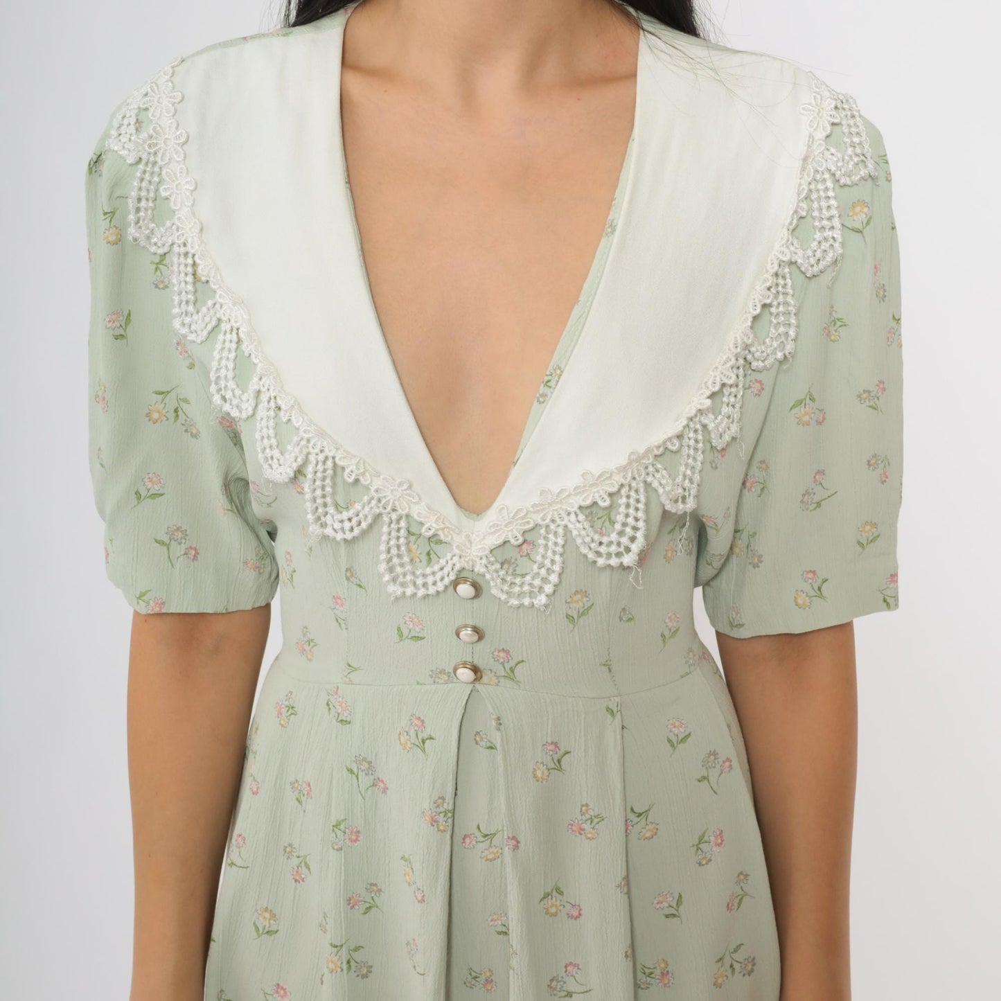90s S.L. Fashions Sage Green Babydoll Dress Floral Lace Collar Puff Sleeves Large L