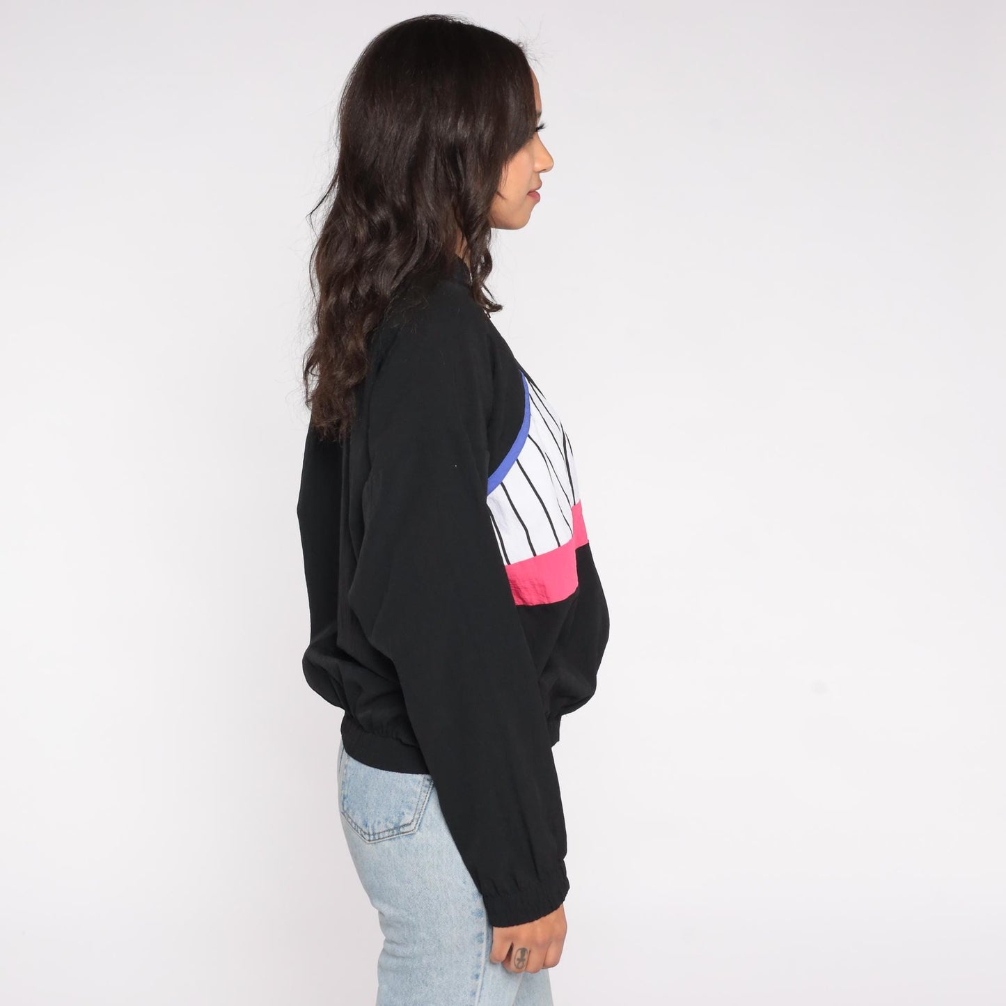 90s USA Sport Club Track Jacket Black Colorblock Striped Windbreaker Medium
