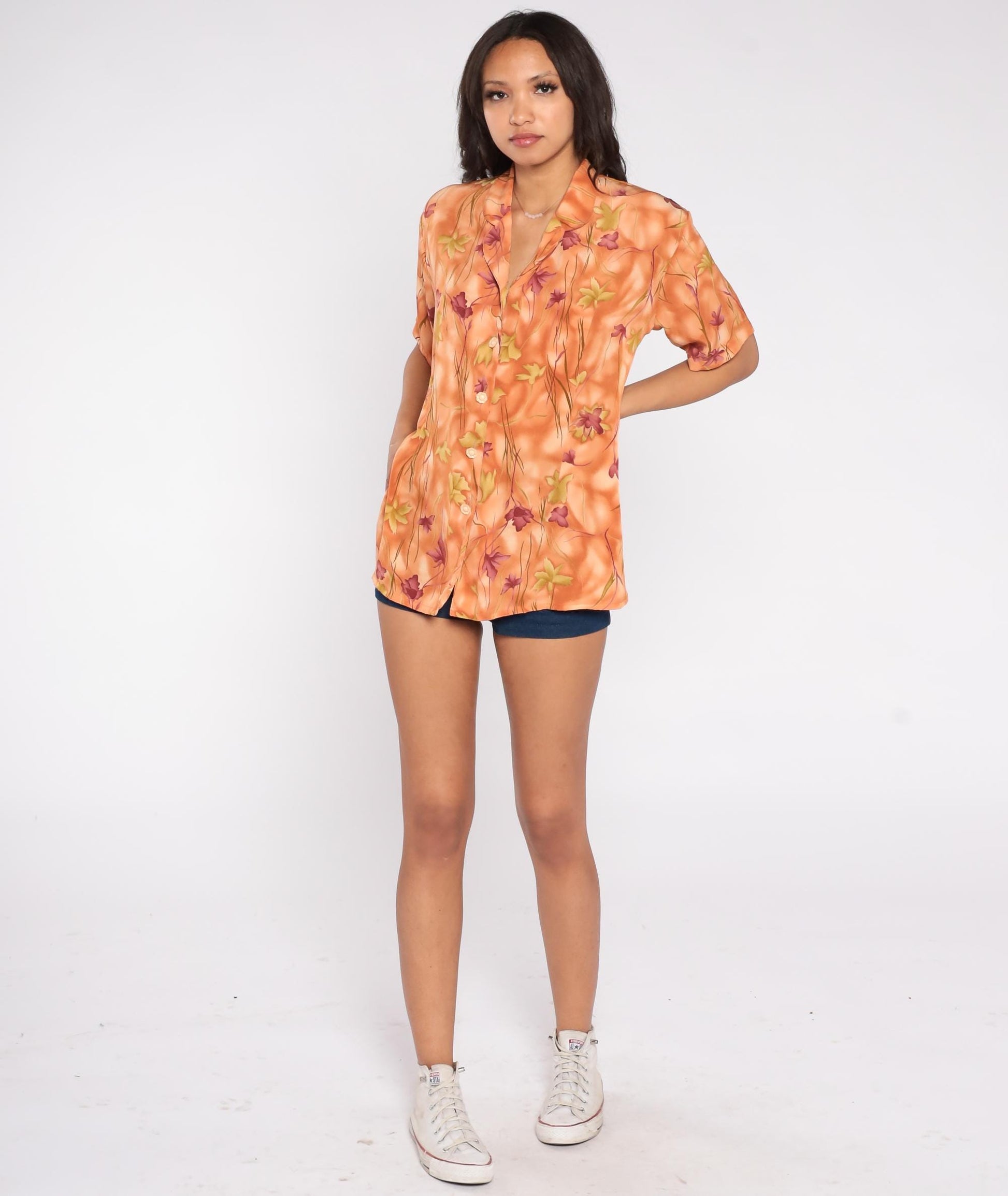 90s Orange Floral Print Blouse Rossela Button Up Short Sleeve Large L