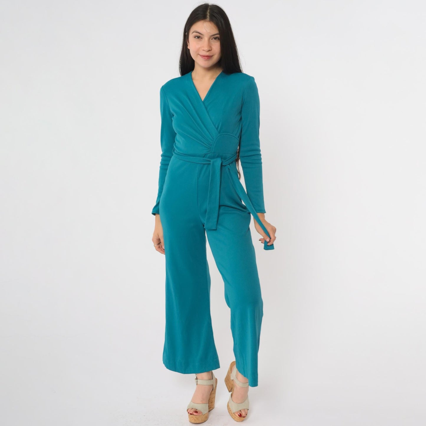 70s Turquoise Wrap Front Jumpsuit Bell Bottom Wide Leg V Neck Small