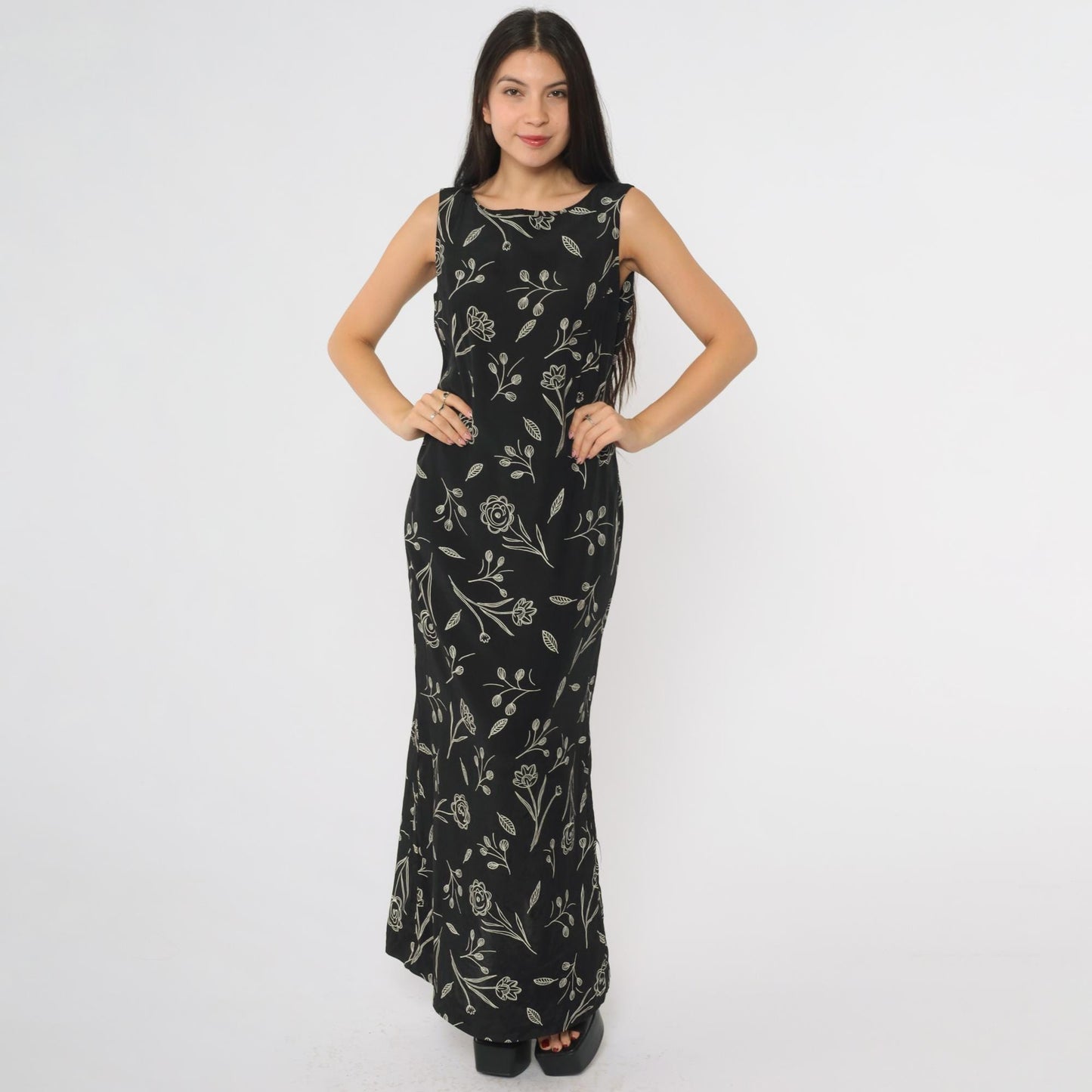 90s Campbell Black Maxi Dress Botanical Line Drawing Rayon Small