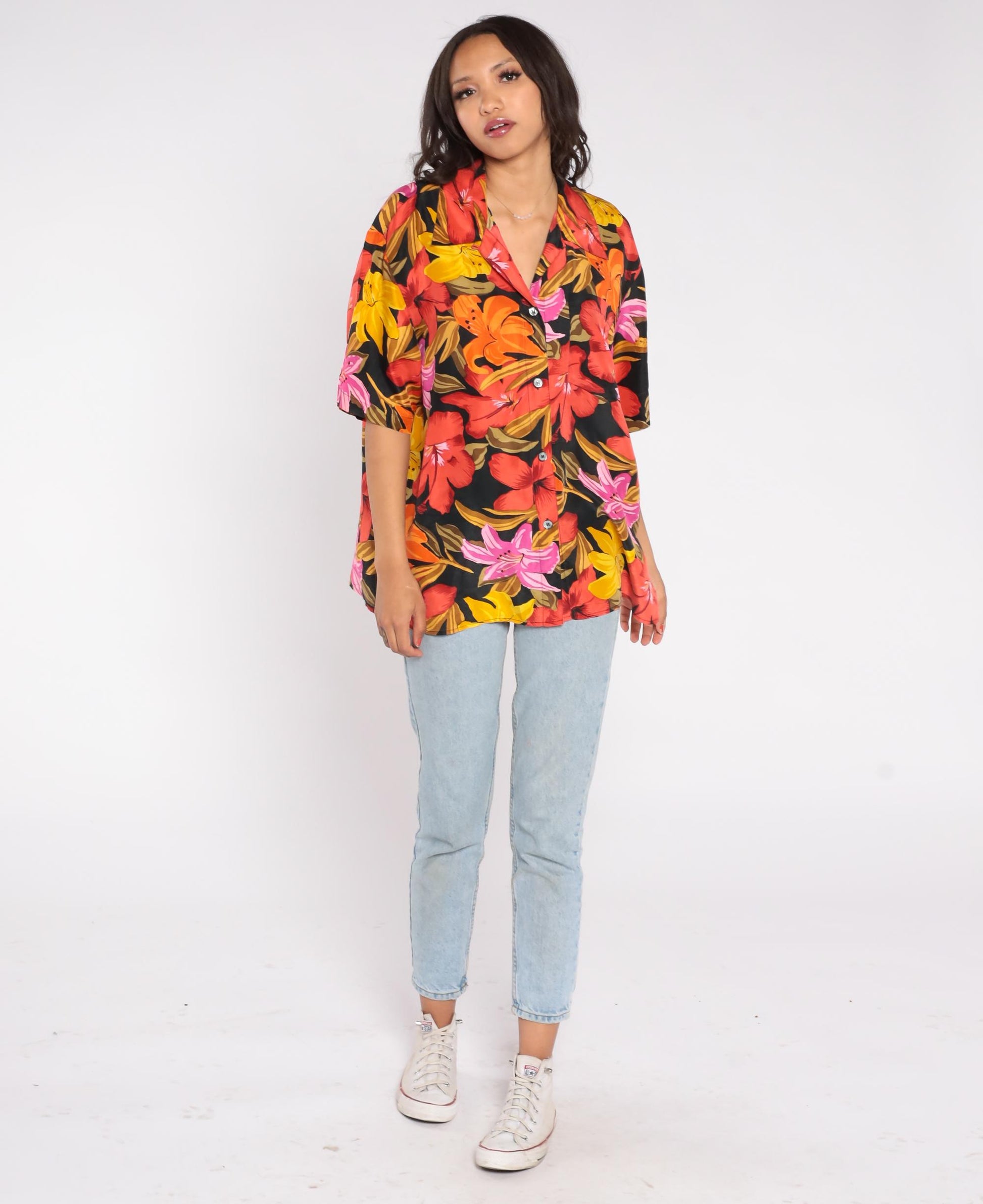 90s Partners Mervyns Hawaiian Silk Shirt Tropical Floral Camp Collar Large L