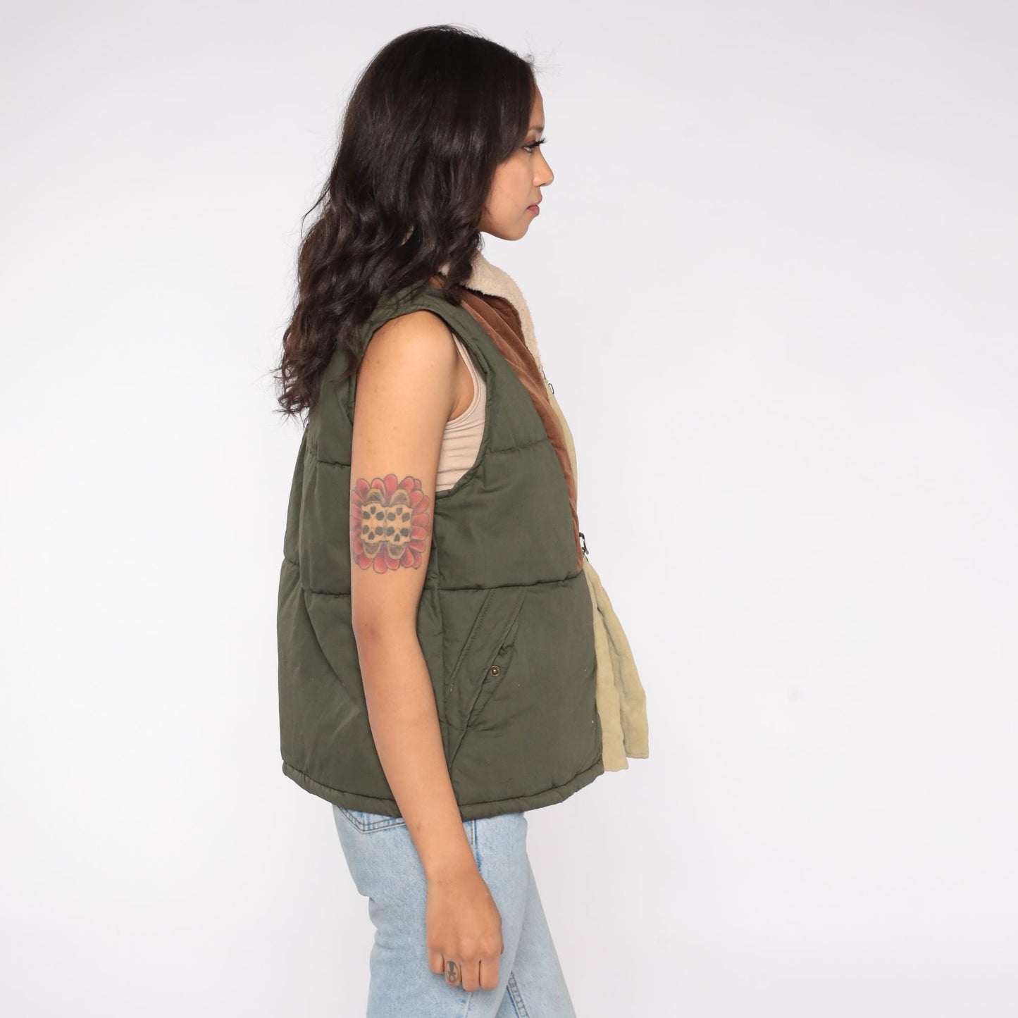 Y2K Olive Green Puffer Vest Corduroy Trim Sherpa Collar Medium M