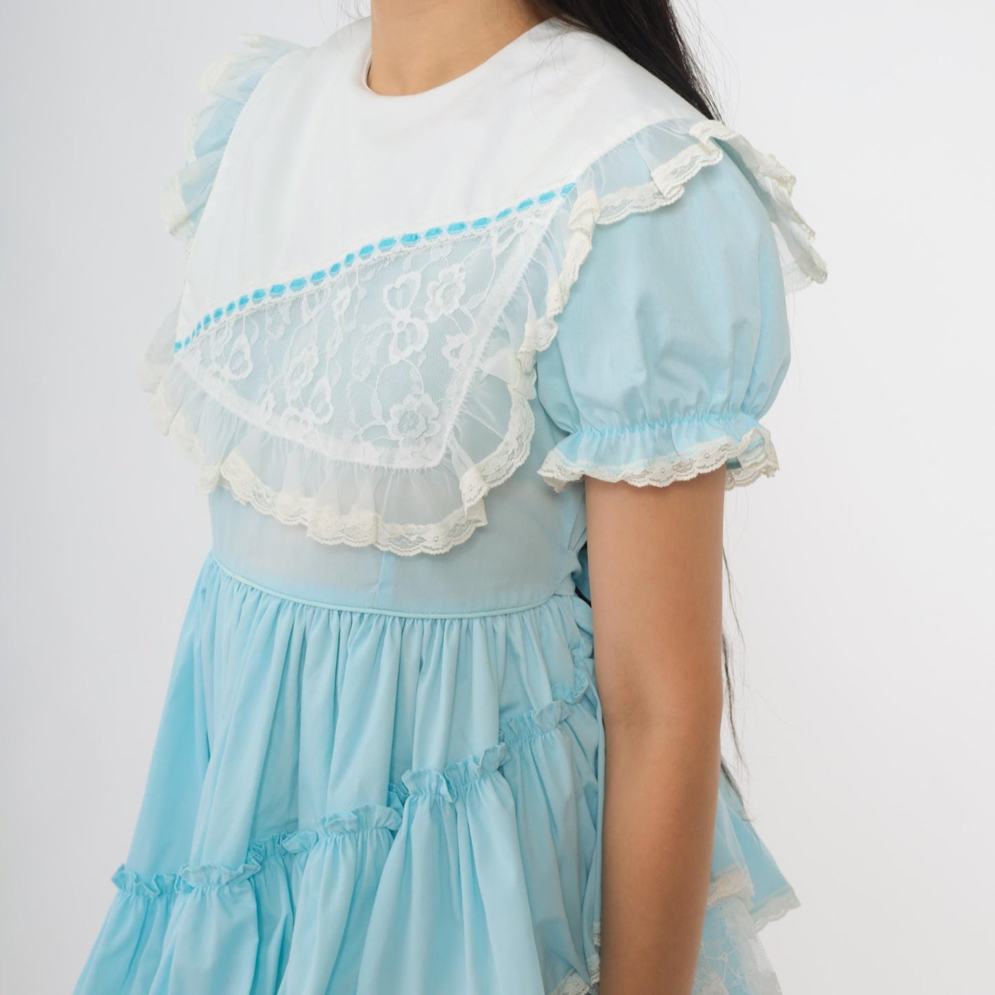 80s Allison Daley Light Blue Ruffle Dress Puff Sleeves Lace Trim Extra Small