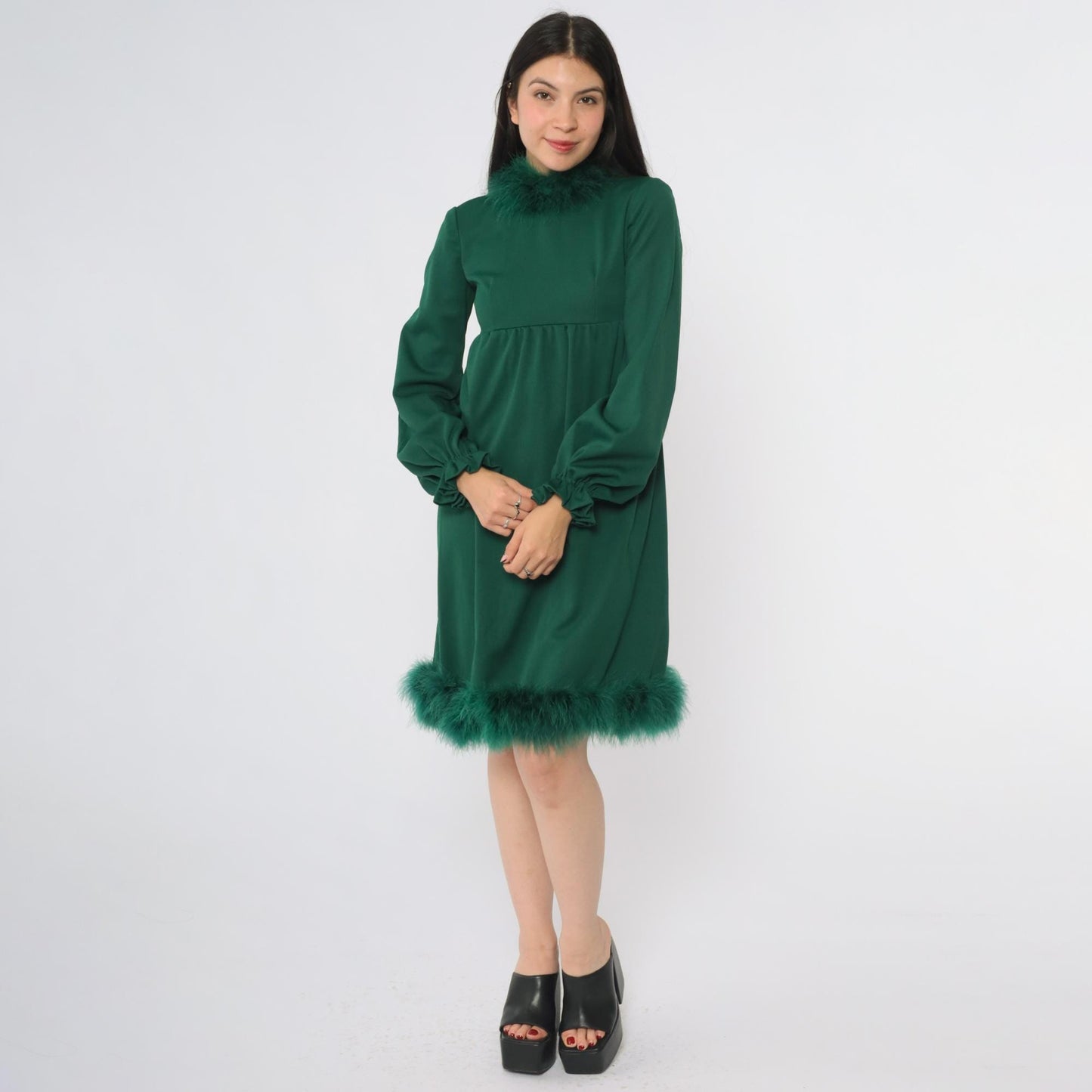 70s Green Marabou Feather Mini Dress High Neck Empire Waist Puff Sleeve Extra Small