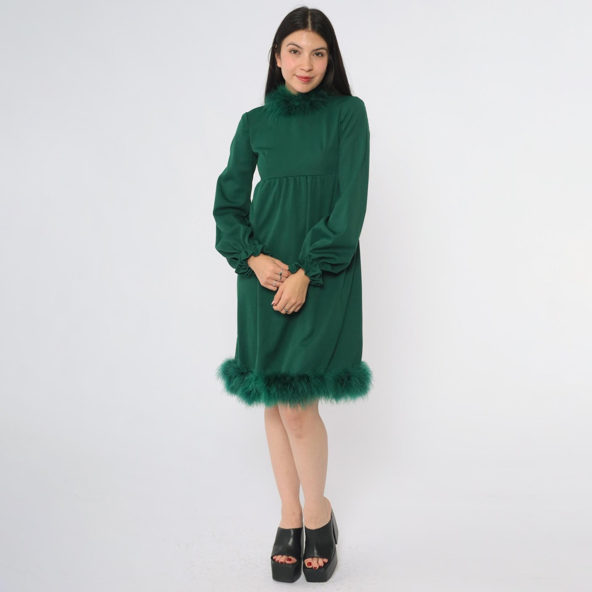 70s Green Marabou Feather Mini Dress High Neck Empire Waist Puff Sleeve Extra Small