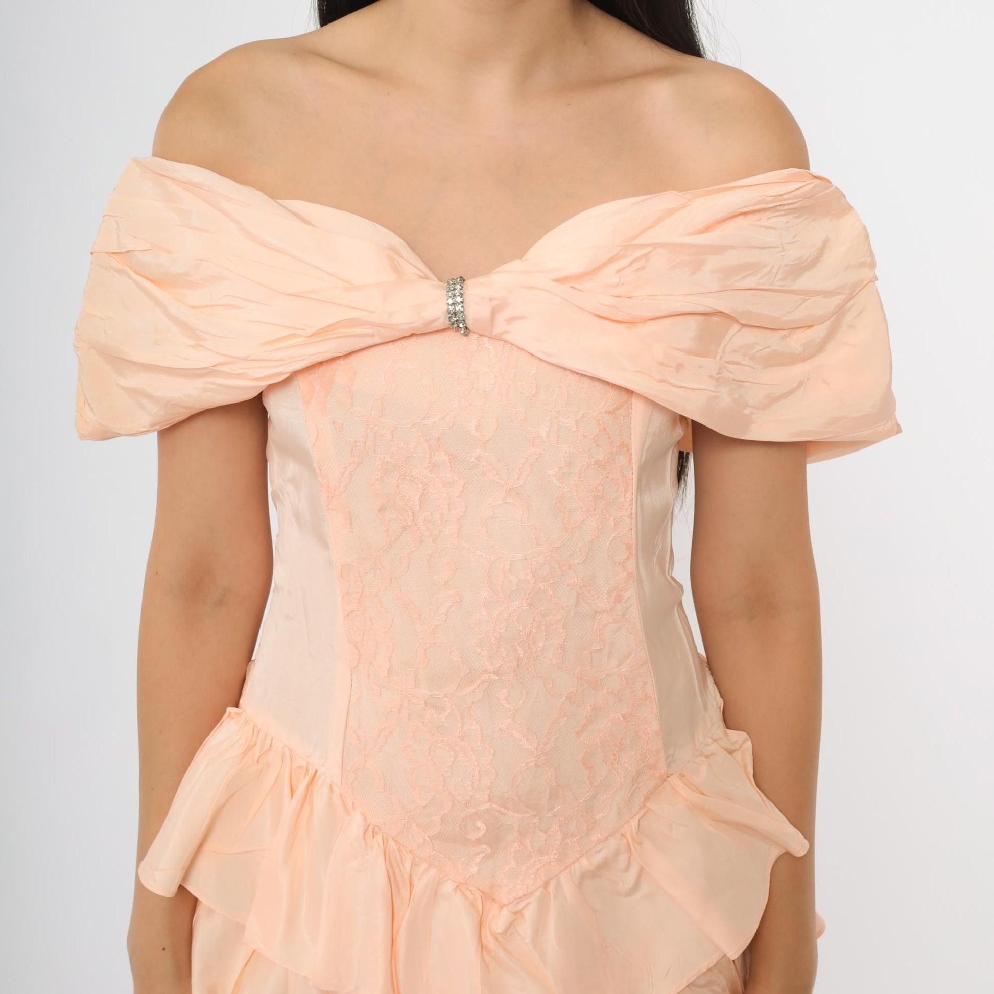 80s Peach Off-Shoulder Ruffle Peplum Dress Rhinestone Detail Small S
