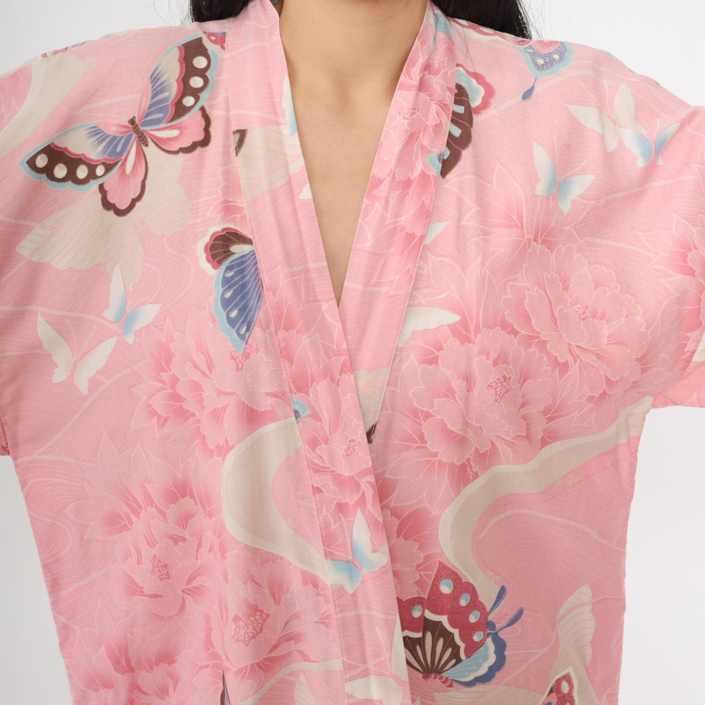 80s Pink Butterfly Peony Floral Cotton Kimono Robe Wrap Belt Tie Small
