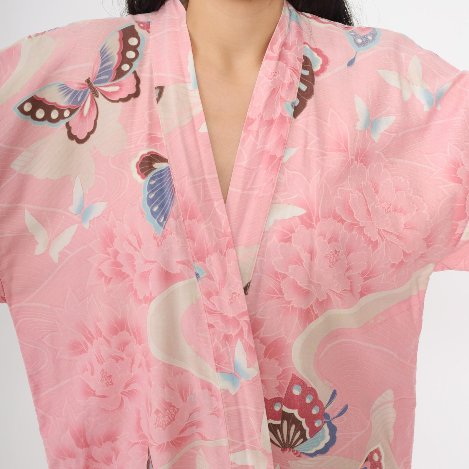 80s Pink Butterfly Peony Floral Cotton Kimono Robe Wrap Belt Tie Small