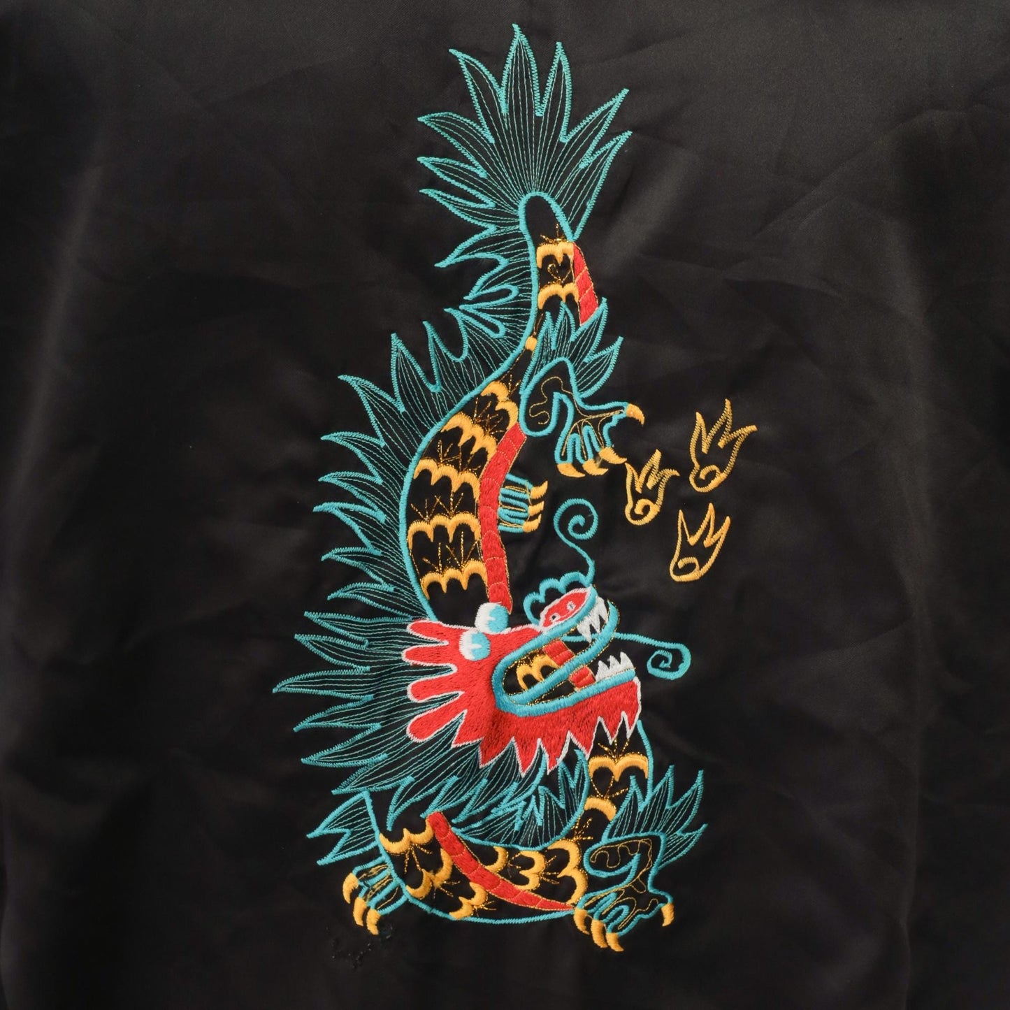 90s Dragon Reversible Satin Kimono Robe Black Turquoise Embroidered Small