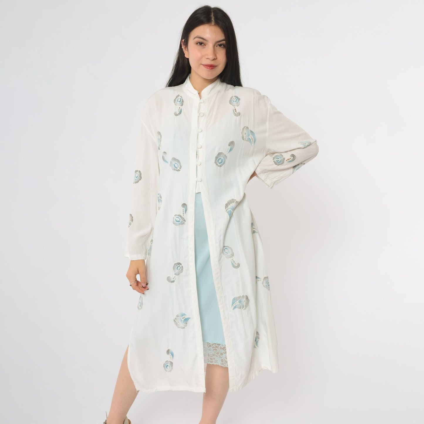 90s White Peacock Feather Kimono Cotton Midi Open Front Band Collar Medium Large