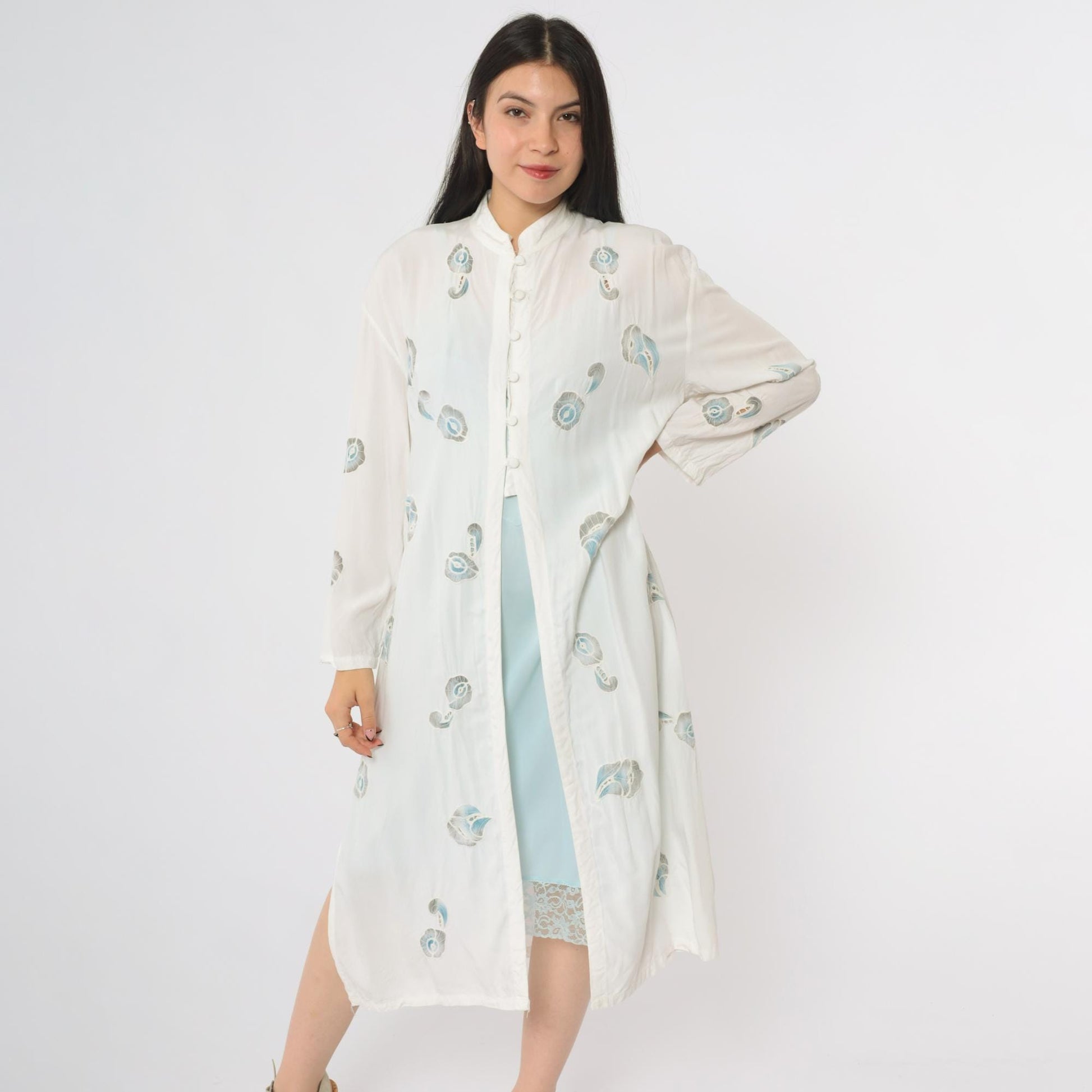 90s White Peacock Feather Kimono Cotton Midi Open Front Band Collar Medium Large