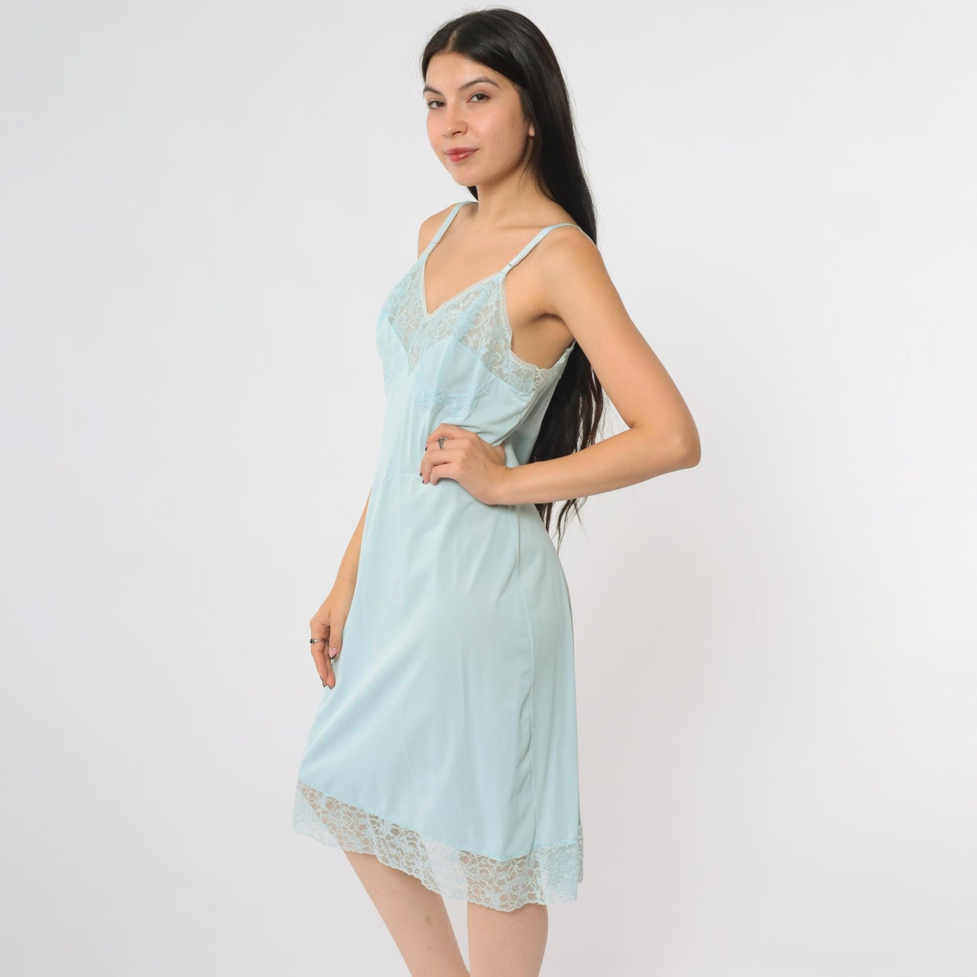 70s Warner's Baby Blue Slip Dress Midi V-Neck Empire Waist Medium